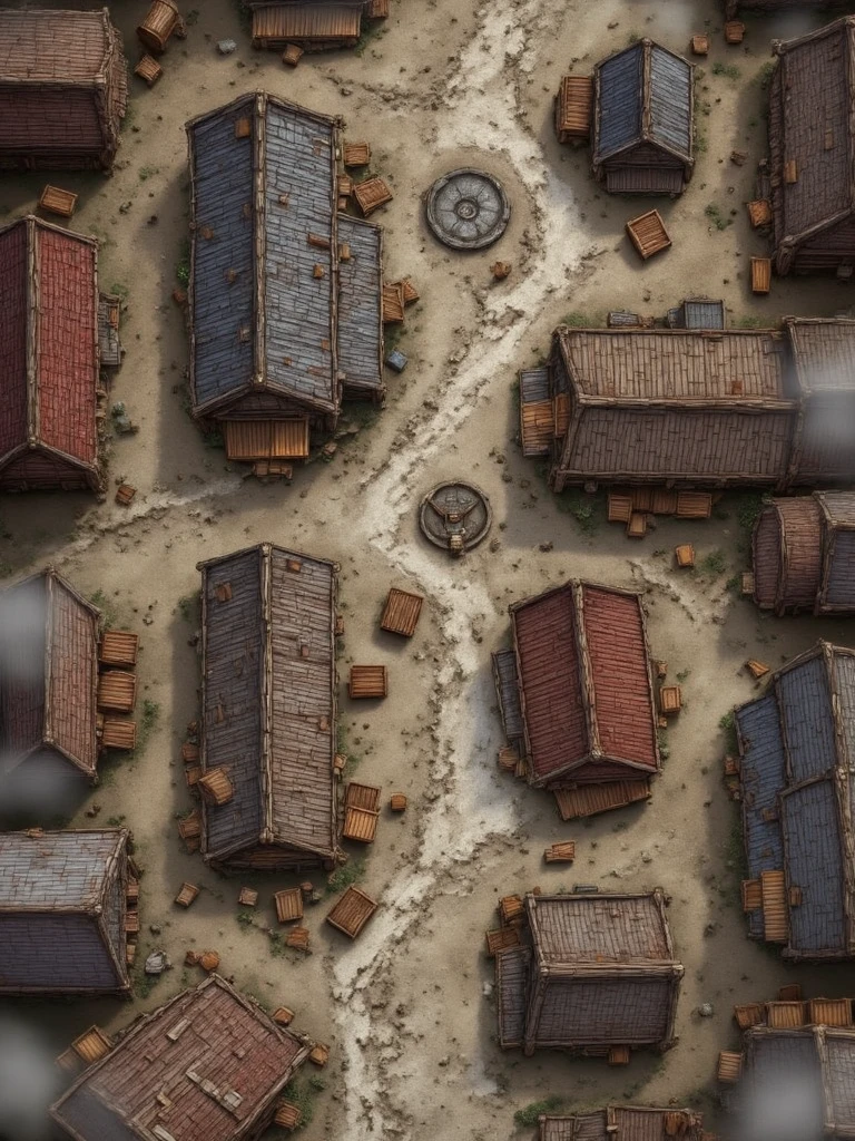Top-down view of a densely packed, ramshackle town with multiple wooden buildings, rendered in a style reminiscent of a hand-drawn map for a tabletop role-playing game. The buildings are primarily constructed with dark, weathered wood, featuring gabled roofs with a repeating pattern of dark lines. Some roofs have a touch of color, with a few being red or yellow. The ground is a dirt path with patches of rough, dusty texture and some faded white markings. The overall palette consists of muted brown, gray, and earthy tones with touches of red and yellow. Scattered throughout the town are wooden crates and boxes. There is a hazy, smoky effect that adds a sense of depth and atmosphere, particularly around the edges of the image. The buildings are arranged in a somewhat chaotic layout, with narrow paths running between them. The perspective is isometric, with emphasis on conveying the detail of the buildings and textures. The lighting is muted and slightly overcast, enhancing the weathered feel of the buildings and the atmosphere of the scene.