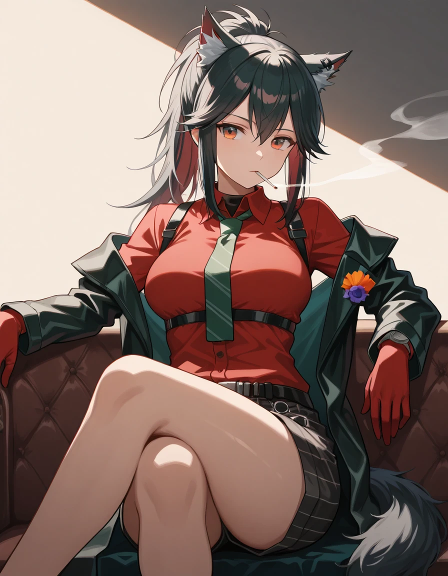 Green hair long、Cat ear、red eye、hoodie、Open the zipper a little and you can see the cleavage、1 girl