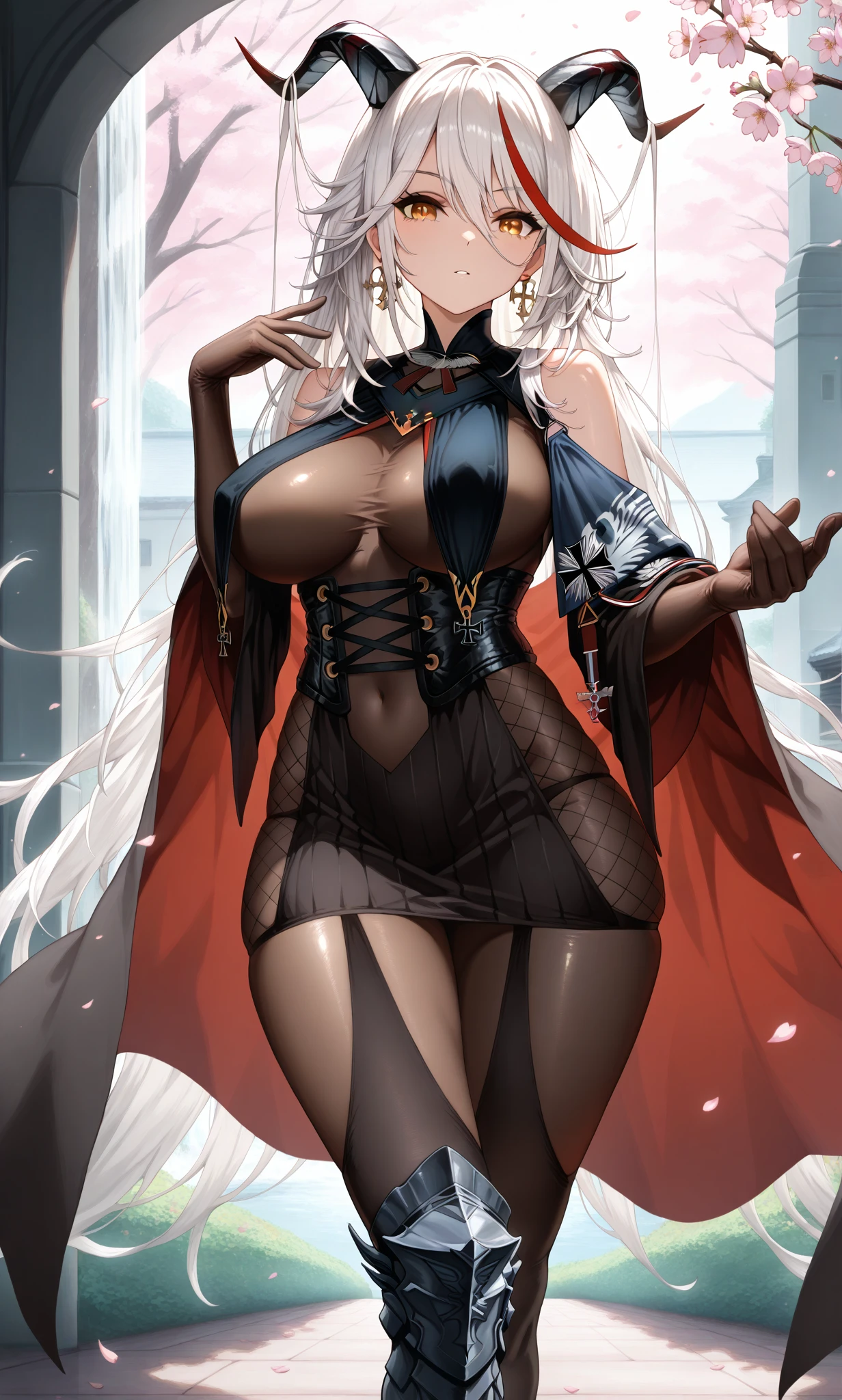 1girl, white hair, large breasts, thick thighs, leotard, knife, red eyes, black leotard, epaulettes, fur trim