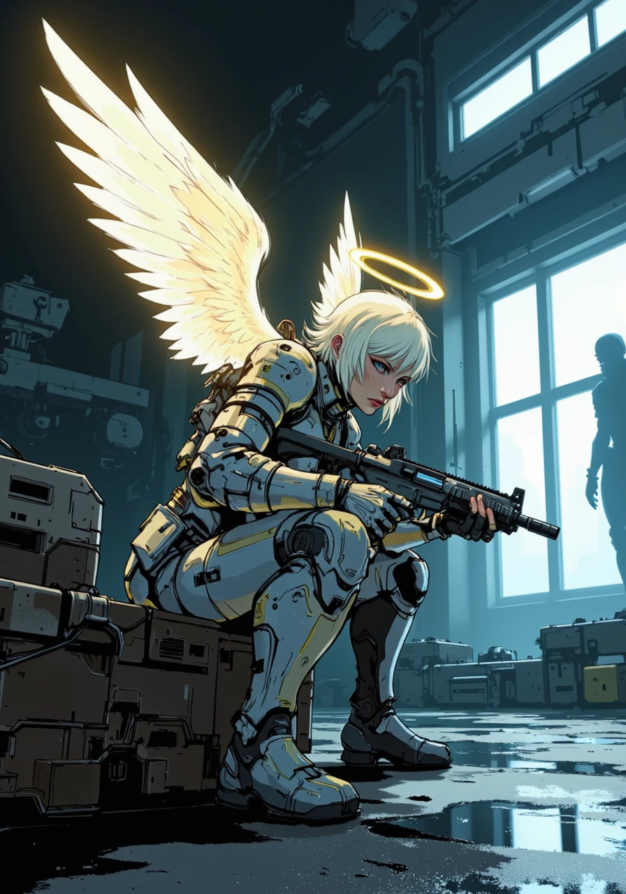 in the style of ck-mgs,, an angel with a halo over her head and large white feather wings a celestial shipyard ambush featuring an angel with pale, freckled skin and straight shoulder-length ash-blonde hair, wearing a fitted silver-and-white tactical bodysuit reinforced with glowing blue circuits; she crouches behind a massive crate of celestial tools, aiming a sleek energy pistol toward an approaching shadowy figure; her wings shimmer faintly with each movement, their soft light reflecting off the polished metallic floor of the shipyard; above, glowing cables and floating machinery cast erratic shadows, while her golden halo pulses faintly, illuminating the tense and high-tech surroundings<lora:Halo Angels improved_divine protector.safetensors:1.0:1.0> <lora:ck-MetalGearSolid-000019.safetensors:1:1>