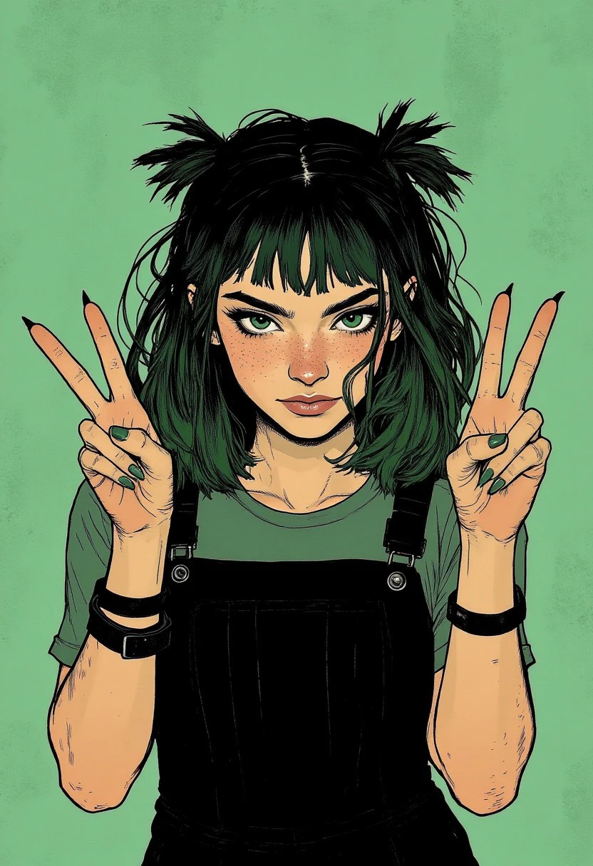 goth girl with dark green hair, doing a cute peace sign with her hands