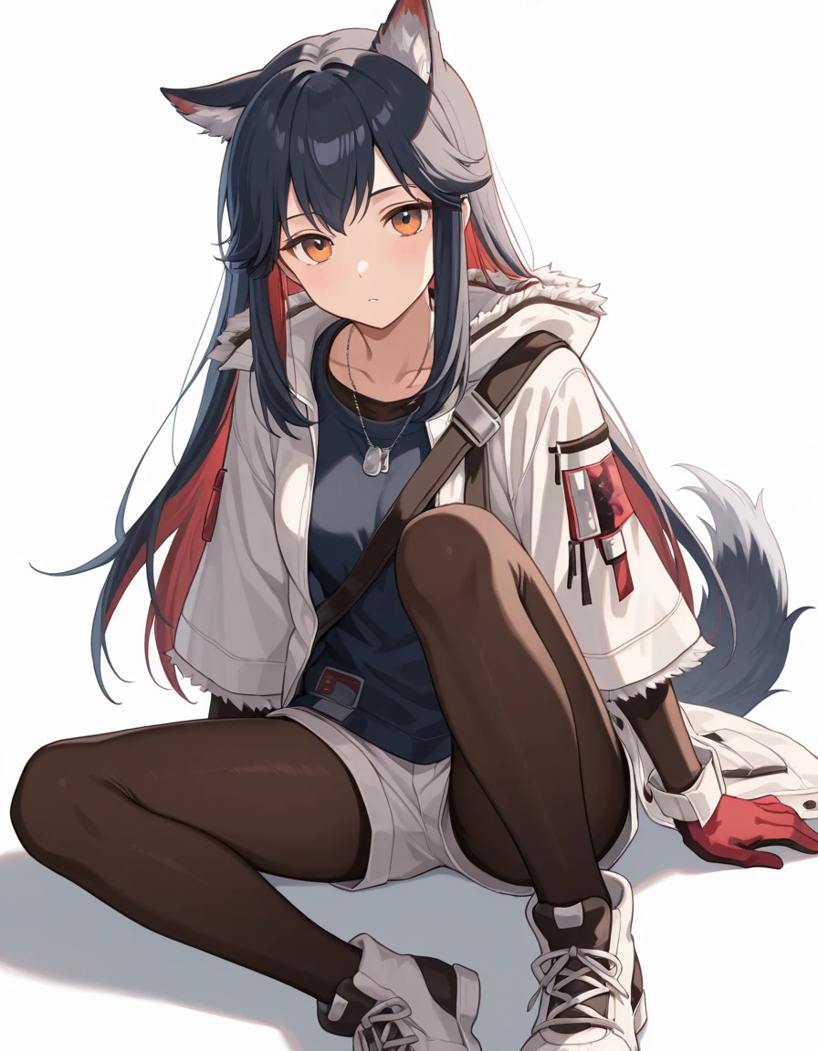 Volumetric Lighting, Volumetric Lighting, (masterpiece), (best quality), (ultra-detailed), illustration, disheveled hair, detailed eyes, perfect composition, moist skin, intricate details, very good lighting BREAK, light depth, dramatic atmospheric lighting, Volumetric Lighting, Texas, long hair, black hair, wolf ear,s wolf tail, orange eyes BREAK, wintertexas, legwear under shorts, WM shirt, hooded jacket, open jacket, WM pantyhose, red hair, WM gloves, WM shorts,white shorts, WM necklace, golden eyes, WM shoulder strap, fur-trimmed jacket, WM shoes,white shoes, red hair, colored inner hair BREAK, ((white background)), looking at viewer, sitting,full