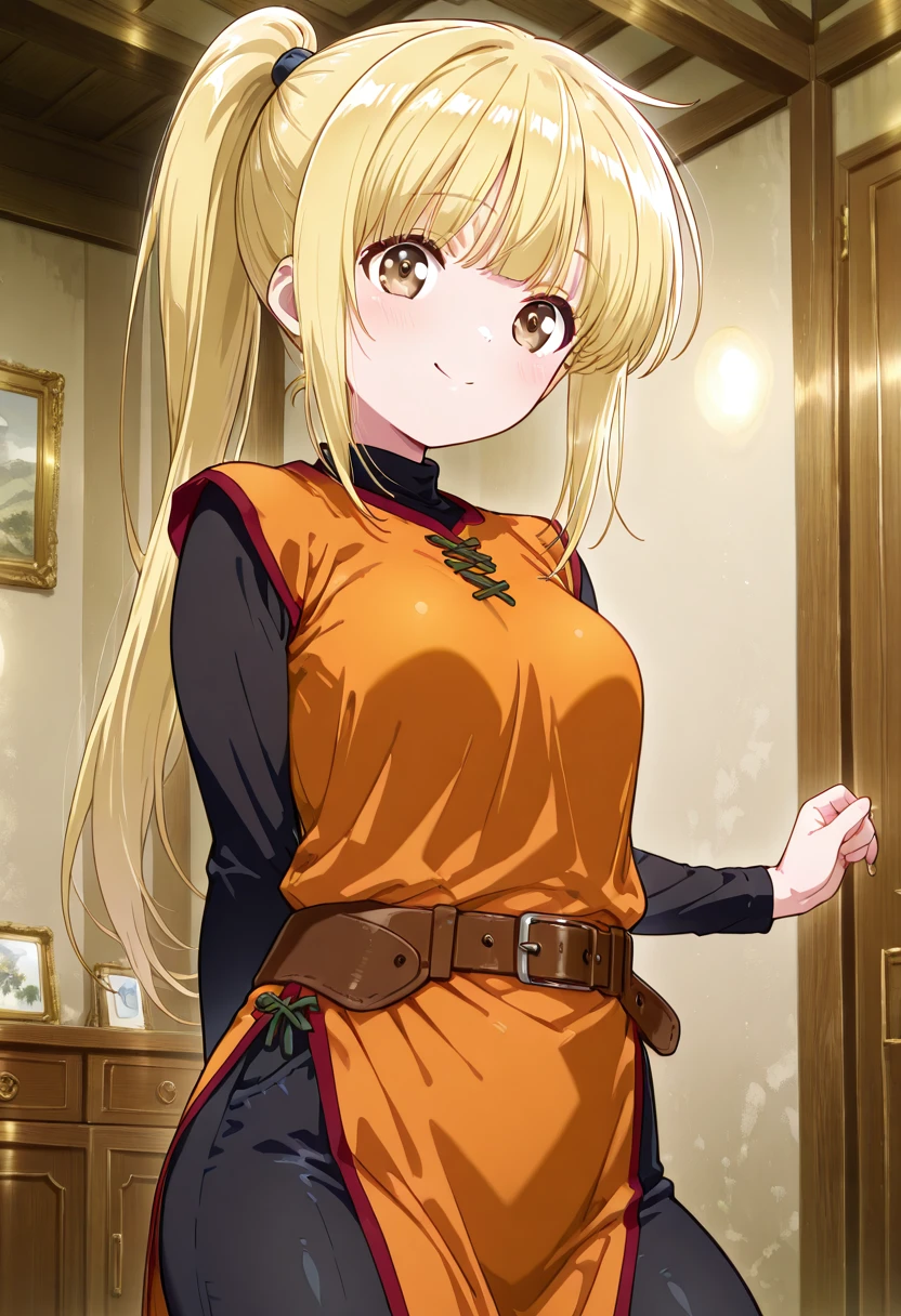 masterpiece, best quality, medium breasts, (curvy), BREAK, zzYellow, brown eyes, blonde hair, long hair, ponytail, bangs, orange tunic, brown belt, pants, <lora:YellowPokemonIXL_v2:1.0>smile, looking at viewer, cowboy shot, <lora:Style56_IXL:1.0>,