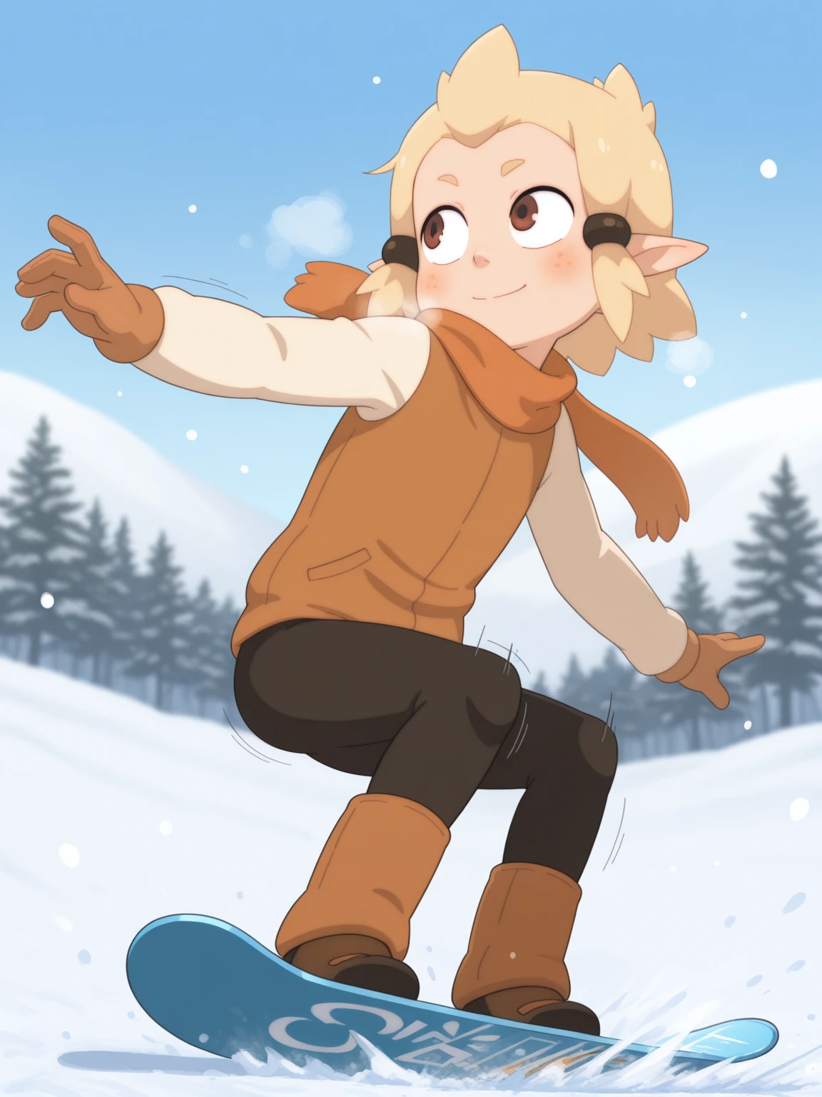 masterpiece,best quality,amazing quality, 1boy, solo, <lora:IlluFlopin:1> illuflopin, pointy ears, blonde hair, short hair, hair ornament, hair tubes, brown eyes, <lora:snowboard_Illust_v1:0.8> snowboard, snowboarding, snow, outdoors, winter, snowing, winter uniform, scarf, coat, gloves, boots, smile, speed lines, motion lines, motion blur, jumping, splashing,