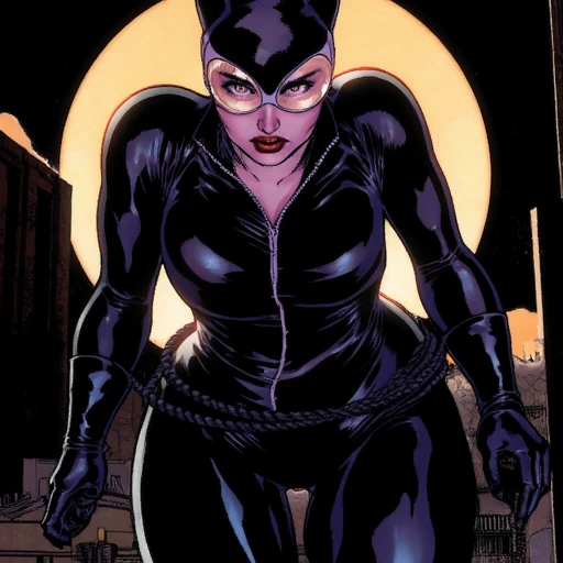 catwomanguillemmarch, 1girl, large breasts, black bodysuit, cleavage, black gloves, mask, latex bodysuit, yellow eyes, zipper