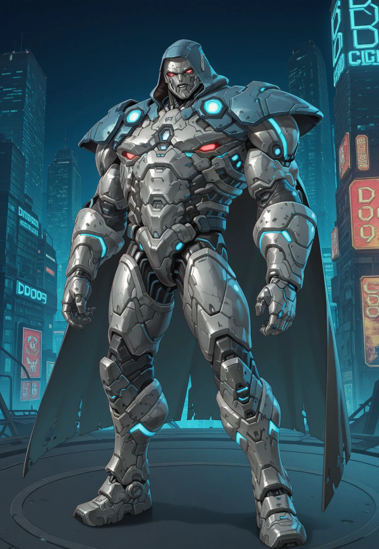 solo, 1boy, d00m99, robot, cyborg, robot joints, glow red eyes, hood, shoulder pads, cape, standing, male focus, cyberpunk city,