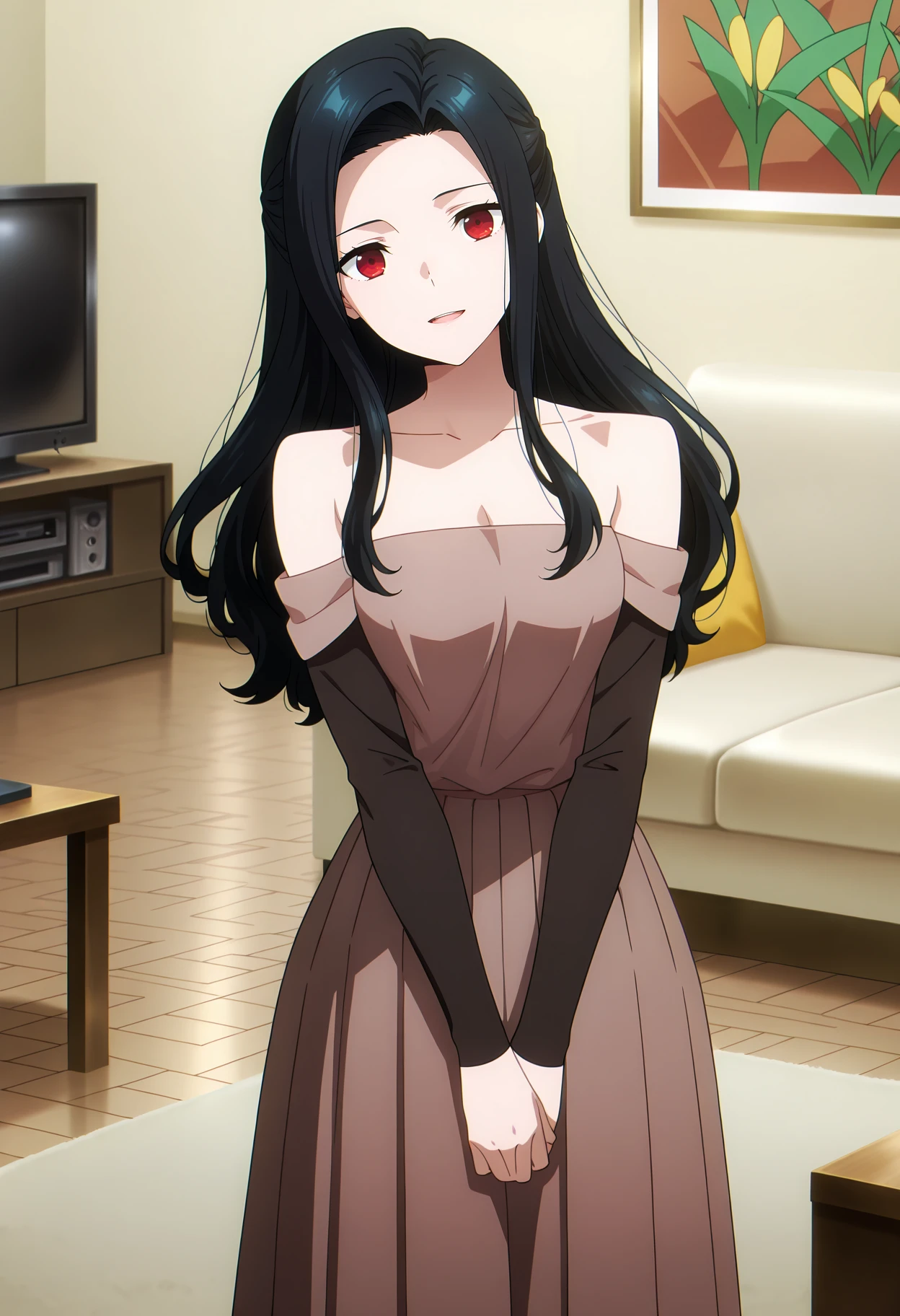 anime screencap, masterpiece, best quality,
<lora:MahoukaKoukouNoRettousei_SaegusaMayumi_IlluXL:0.9>
1girl, solo, open mouth, light smile, upper teeth only, head tilt,
long hair, black hair, hair intakes, forehead, red eyes,
SaegusaHome, off-shoulder dress, bare shoulders, brown dress, long skirt, pleated skirt, brown skirt, elbow sleeves,
v arms, looking at viewer, cowboy shot,
indoors, science fiction, living room, television, couch