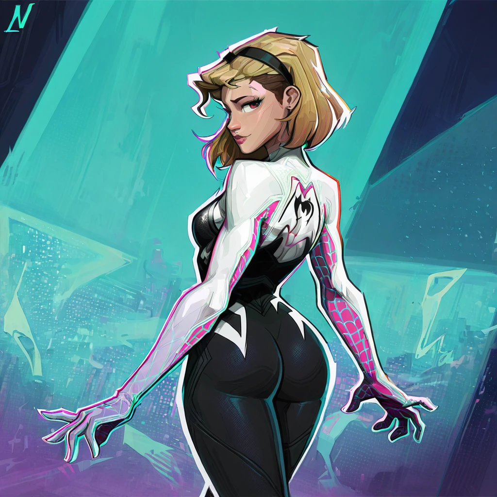 A cartoon of a blonde woman in a black widow suit, (((whole body view))), (((back vision))), (((SEM OLHAR PARA O OBSERVADOR))), Gwen Stacy, black canary, invisible woman, Retrato de Emma Frost, betty cooper, Emma Geada, personagem de quadrinhos, ((Black Widow)), color digital illustration, ((fundo CLARO E BONITO: 1.2)), (((fundo luminoso))), (((linhas e contorno DEMARCADos))), Commission for High Res, INSPIRADO EM j. Scott Campbell, estilo desenho animado, arte linear, clear lighting