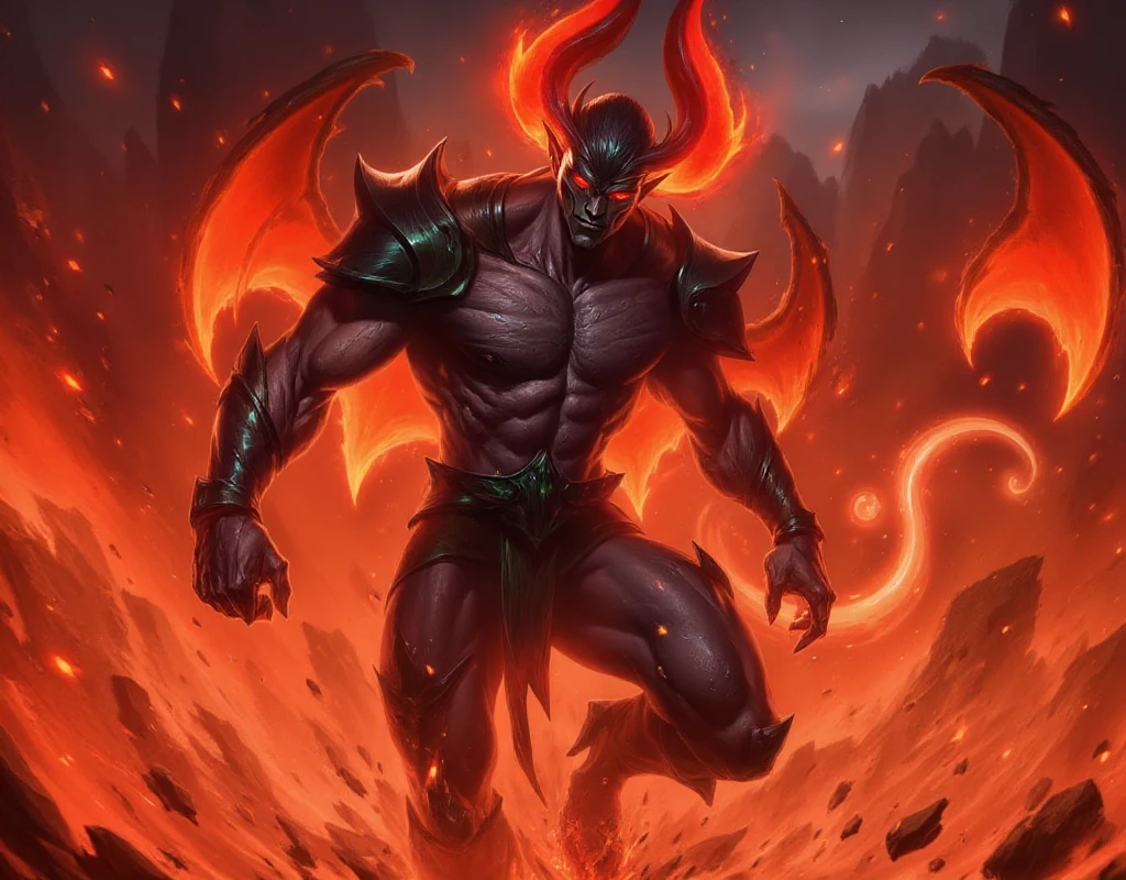 <lora:League of legends Artwork Style:0.9> league legends artwork, style. a muscular devil with horns and devi tail in hell, flames