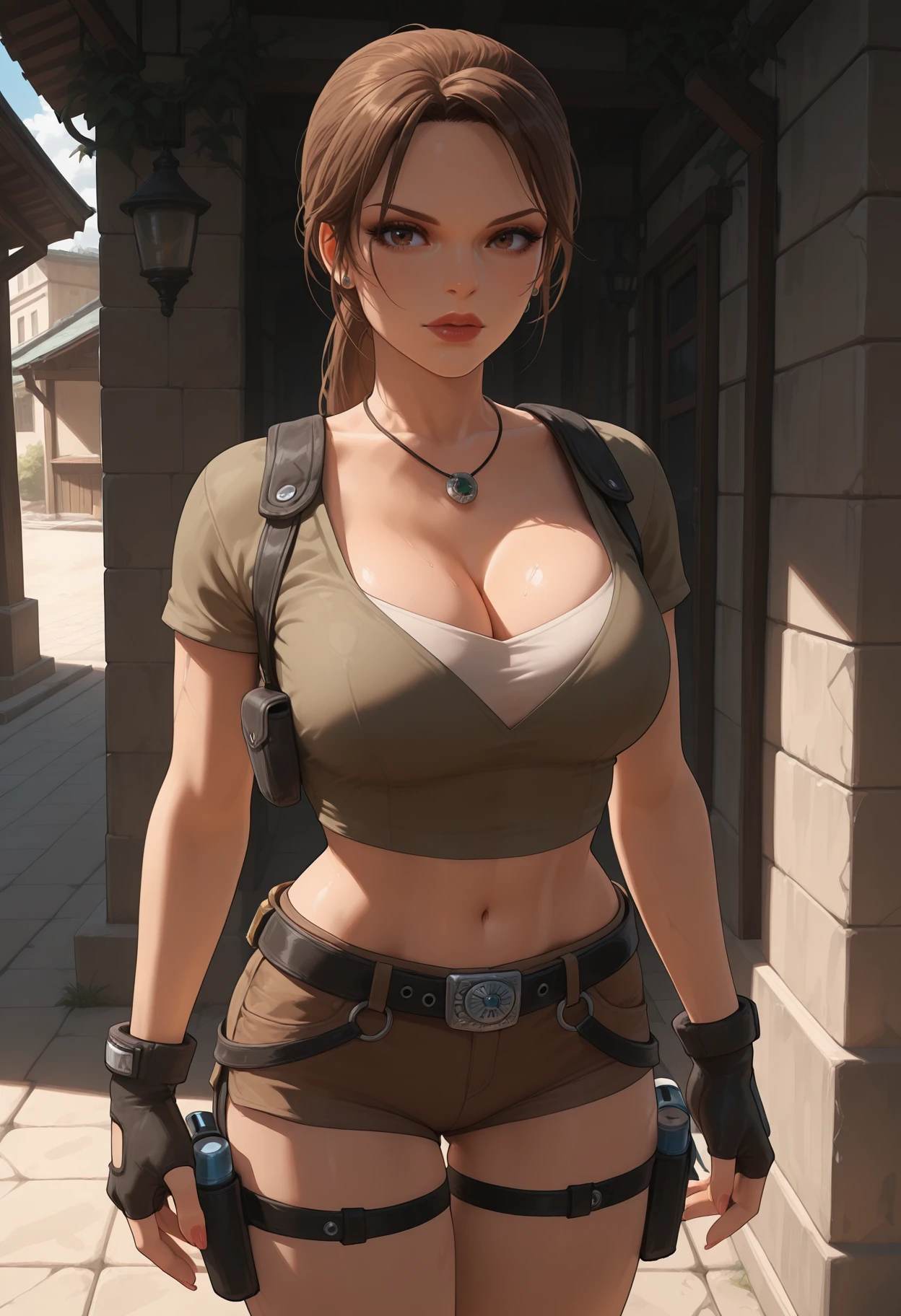 score_9, score_8_up, score_7_up, score_6_up, score_5_up, masterpiece, best quality, high detail, volumetric lighting, dark, shadow, <lora:NM_lara_trl_ill:1>, BREAK NM_lara_trl, 1girl, breasts, shorts, solo, brown hair, jewelry, brown eyes, gloves, belt, fingerless gloves, holster, short shorts, looking at viewer, navel, crop top, cleavage, shirt, black gloves, outdoors, ponytail, lips, gun, short sleeves, necklace, thigh holster, lips, big lips,