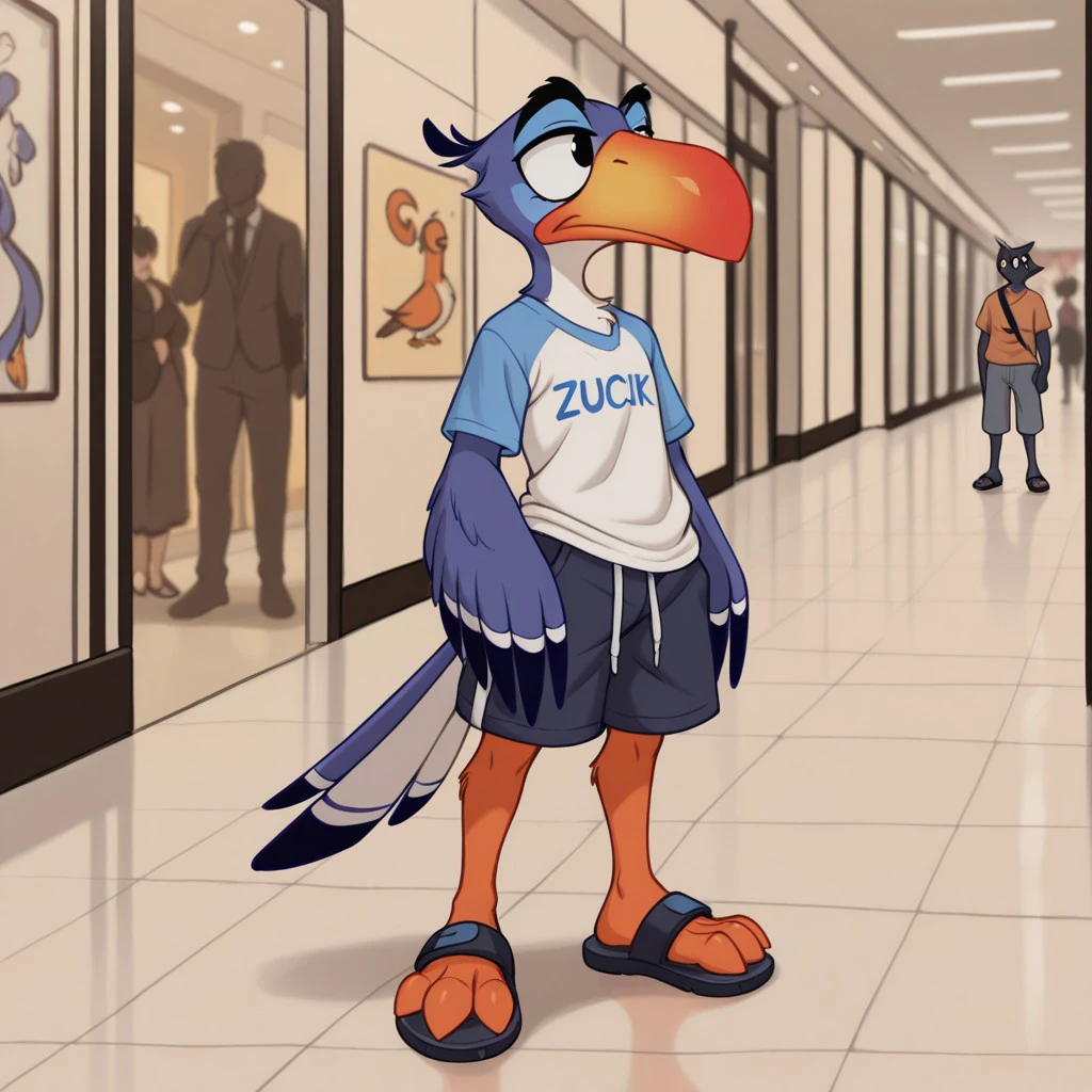 masterpiece, best quality, amazing quality, ZazulkIL, anthro, bird, male, blue feathers, beak, black eyes, at the mall, shirt, shorts, sandals