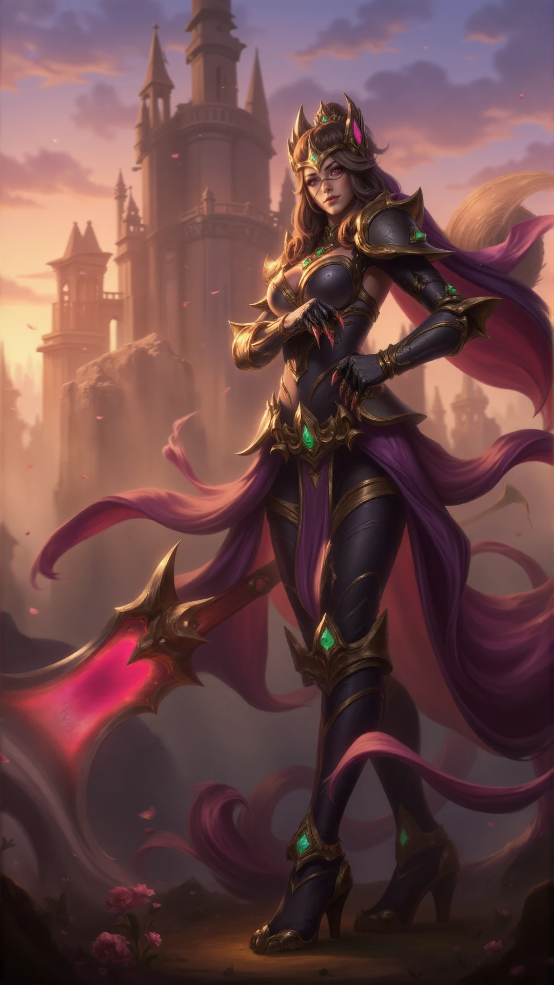 <lora:League of legends Artwork Style:0.9> league legends artwork, style. a woman knight with and intricate armor and a long sword. She poses in front of a castle at sunset