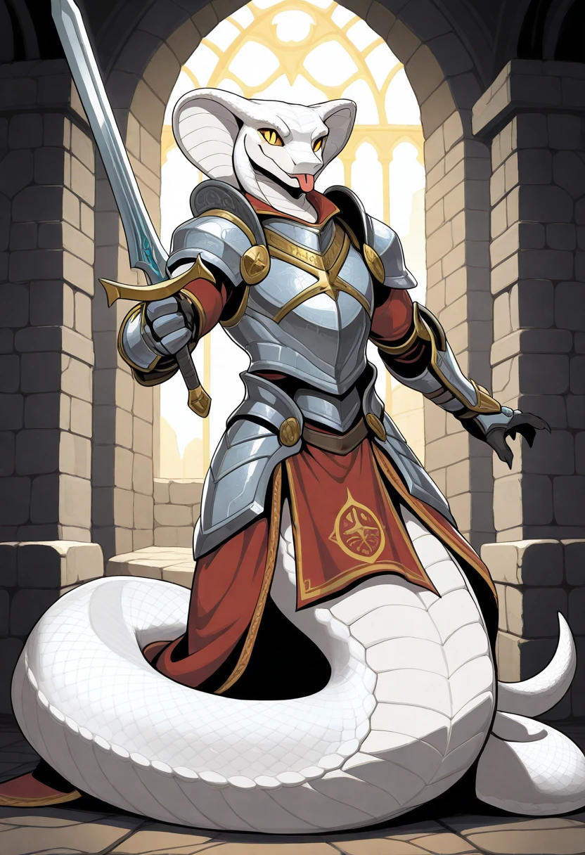 best quality, hi res, high quality, anthro, male, furry, 1boy, solo, anthropomorphic_snakes_(naga), solo, armor, holding sword, white body, yellow sclera, slit pupil, smile, scales, no humans, tail, colored sclera, tongue, outside, inside castle, <lora:Anthropomorphic_snakes_Naga_illustrious:1>