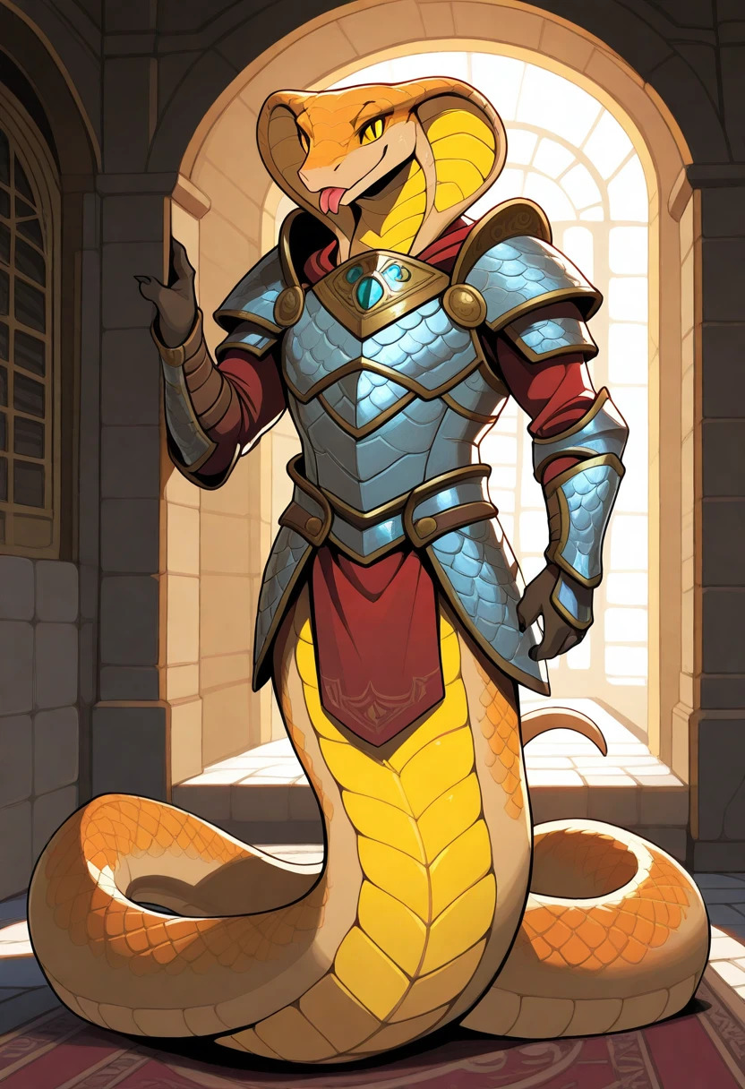 best quality, hi res, high quality, anthro, male, furry, 1boy, solo, anthropomorphic_snakes_(naga), solo, armor, body, yellow sclera, slit pupil, smile, scales, no humans, tail, colored sclera, tongue, outside, inside, <lora:Anthropomorphic_snakes_Naga_illustrious:1>