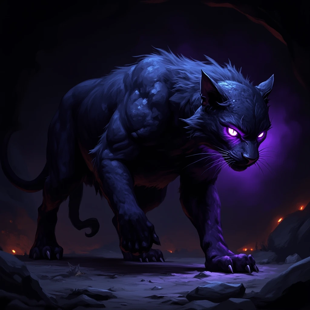 wc1dnd-style, digital painting, A sleek, panther-like creature with fur that absorbs light, its glowing violet eyes piercing the darkness, tendrils of shadow trailing behind it as it prowls through a cavern illuminated by faint bioluminescent fungi.
<lora:Flux.Digital_Painting_DnD:1>