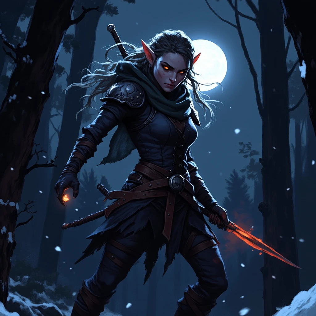 wc1dnd_style, digital painting, a close-up portrait of elf rogue at night in battle pose trying to deal a strike with her weapon. snowy forest. Bright moonlight behind her <lora:Flux.Digital_Painting_DnD:1>