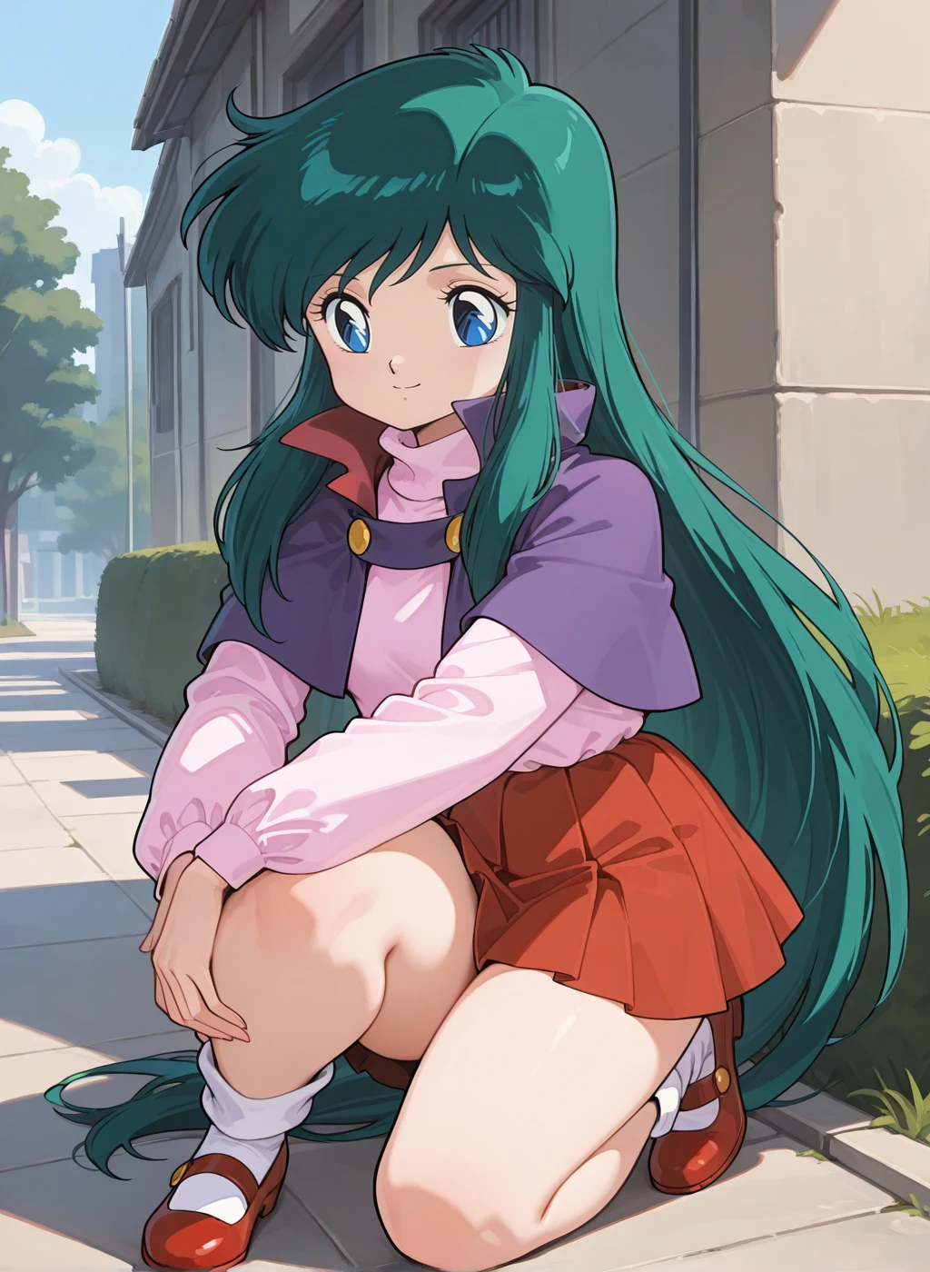 High quality,Ultra detailed,best quality,insanely detailed,beautiful,perfect lighting,masterpiece,absurdres,very aesthetic,sensitive BREAK
posing,<lora:ayanokouji_rem _V1_IL:1>,(ayanokouji rem, dream hunter rem, very long hair, green hair, blue eyes, bangs, retro artstyle, 1980s (style)),(capelet,purple capelet,high collar,miniskirt,pleated skirt,red skirt,long sleeves,turtleneck,shirt,white socks,socks,mary janes,shoes),
1girl,solo,outdoors,full body,smile,