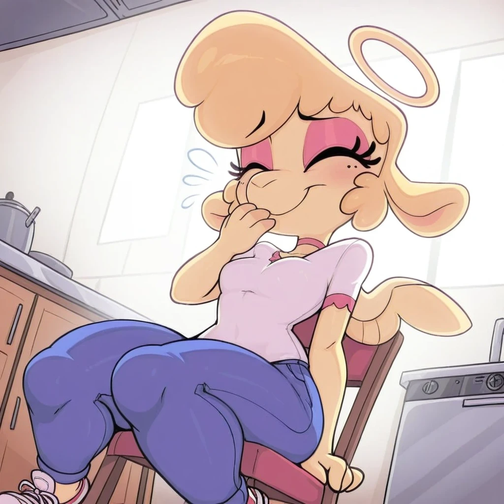 masterpiece, best quality, amazing quality, perfect composition, absurdres, highres, very aesthetic, newest, huge filesize, shaded, indoors, kitchen,
cowboy shot, from from below, dutch angle, giggling, hand on mouth, closed eyes, sitting on chair,
<lora:KeenieIL:1>, K33nie, furry female, anthro sheep, multicolored eyes, snout, blonde hair, short hair, halo, wings, petite, white shirt, short sleeves, blue pants, sneakers