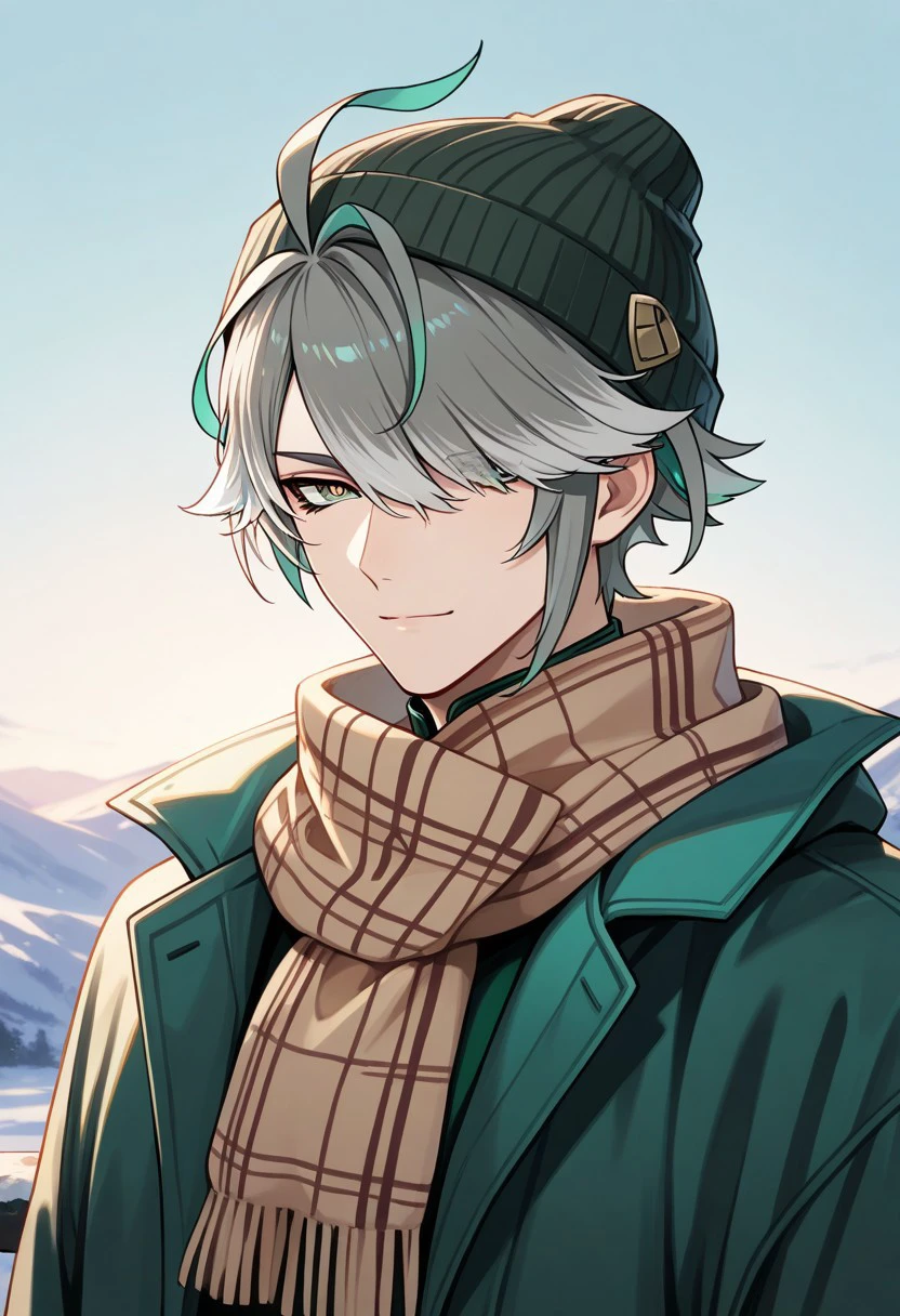 masterpiece, best quality,
Alhaitham, 1boy, male focus, solo, green eyes, grey hair, streaked hair, short hair, ahoge, swept bangs, hair over one eye, hat, beanie, scarf, coat, light smile, closed mouth
outdoor