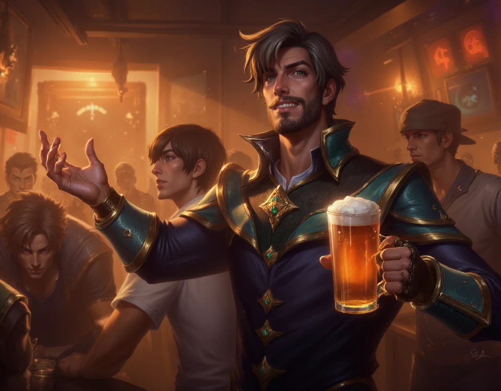 <lora:League of legends Artwork Style:0.9> league legends artwork, style. A man holds a beer in a pub