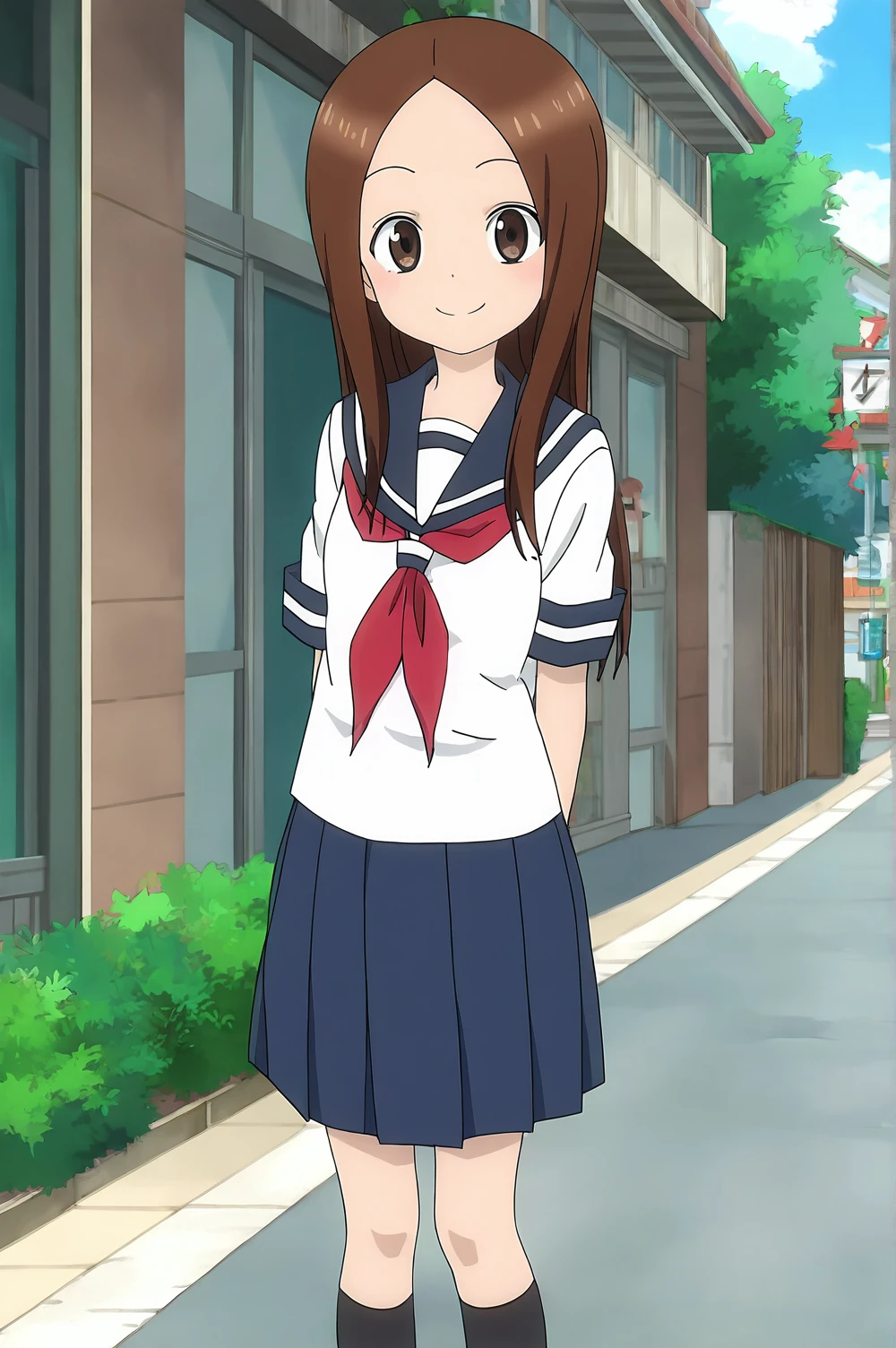 score_9,score_8_up,source_anime,rating safe,solo,1girl,takagi-san,karakai jouzu no takagi-san,school uniform,brown hair, brown eyes, skirt, blue skirt, serafuku, red neckrchief, short sleeves, black sailor collar,small breasts,long hair,anime_screencap,black socks,smile,standing,looking at viewer,outdoor,street
