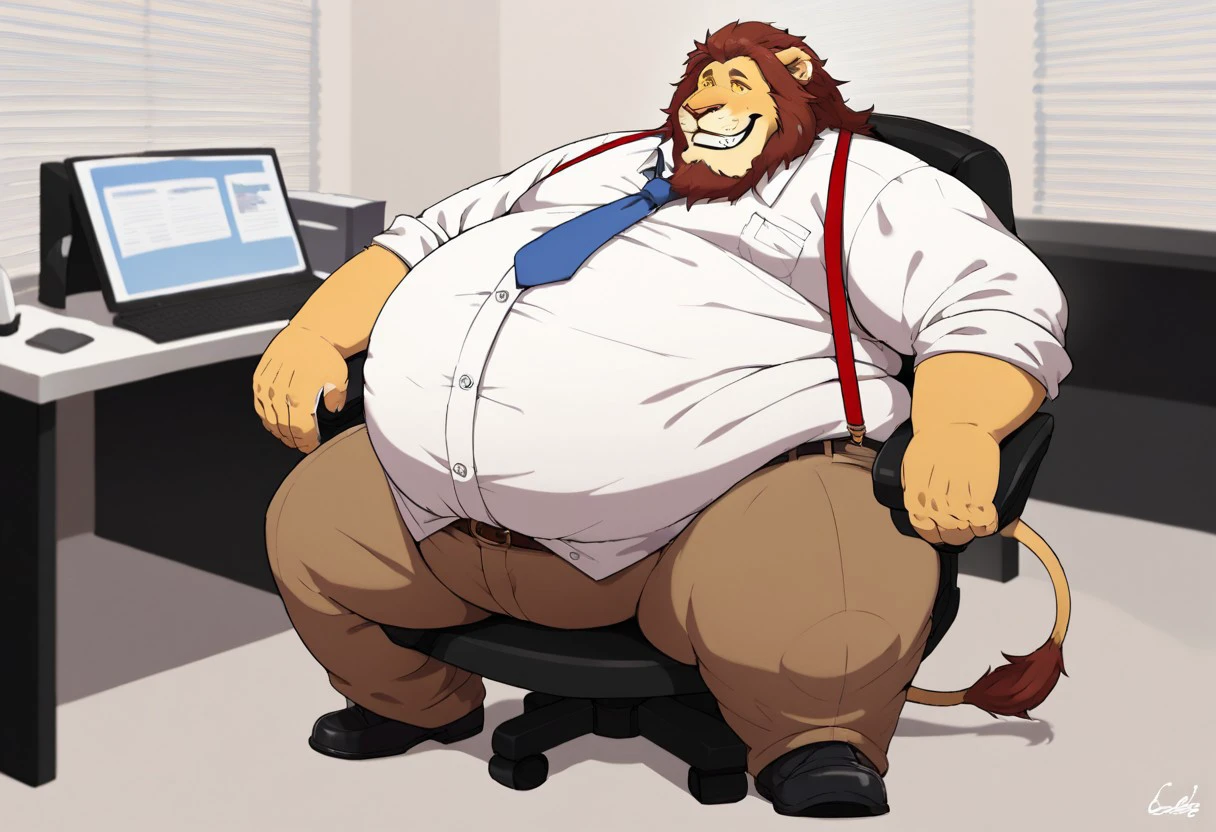 score_9, score_8, score_8_up, source_cartoon, 2d, anthro, mature male, feline, lion, yellow eyes, white esclera, plump body, double chin, flabby arms, moobs, belly overhang, fat legs, fully clothed, office clothes, white buttoned shirt, rolled up sleeves, blue necktie, red suspenders, brown pants, black shoes, sitting on an office chair, office, smile, company, solo, detailed background, absurd res, correct anatomy.