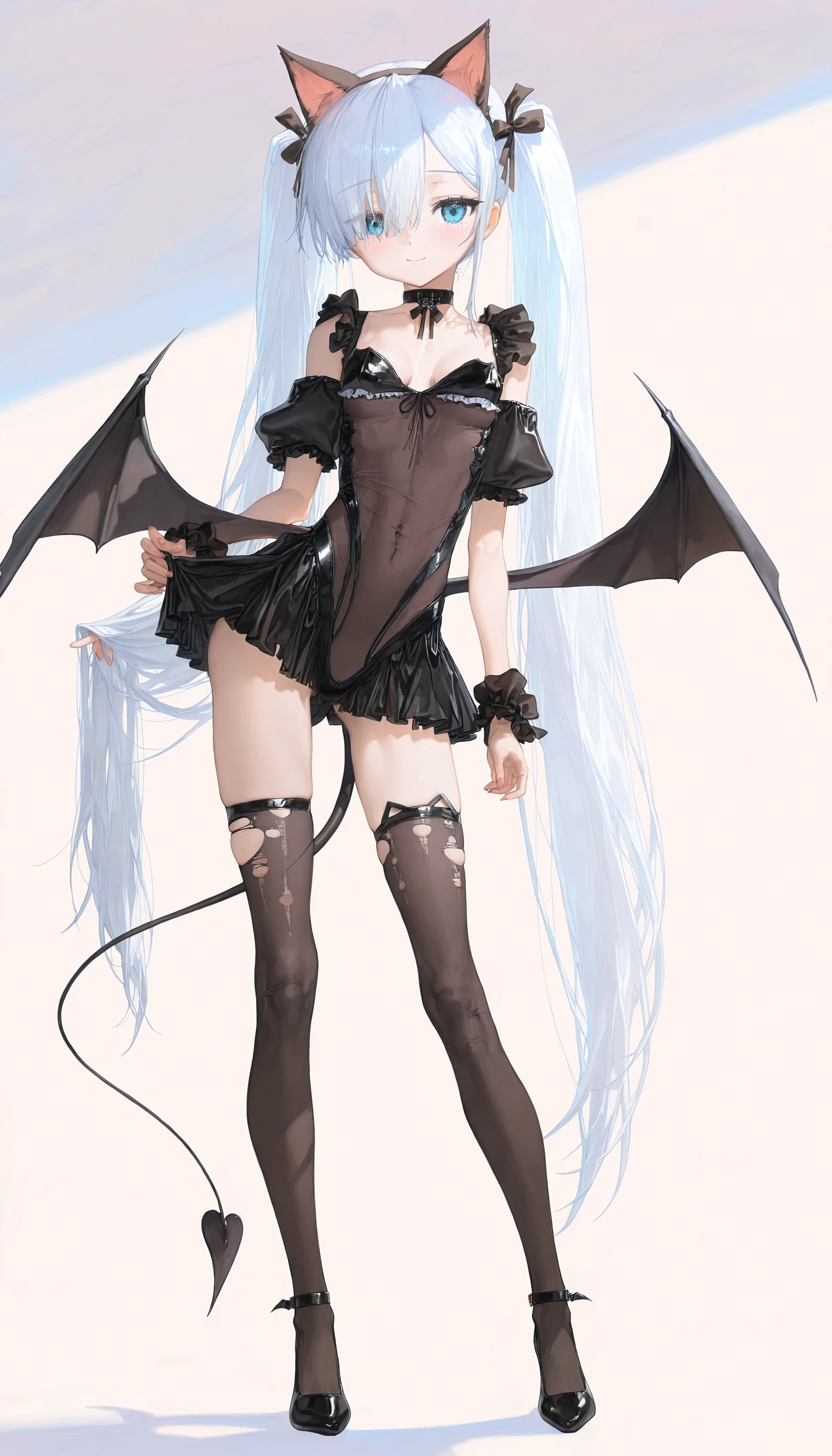 masterpiece,1girl,solo,cat ears,twintails, hair over one eye, demon_wings,small breasts, blue_eyes, blush,open mouth, low wings, torn legwear, (kneeling:1.3),bound arms, ((bondage)),shibari,rope,(arms behind back:1.4),indoors,