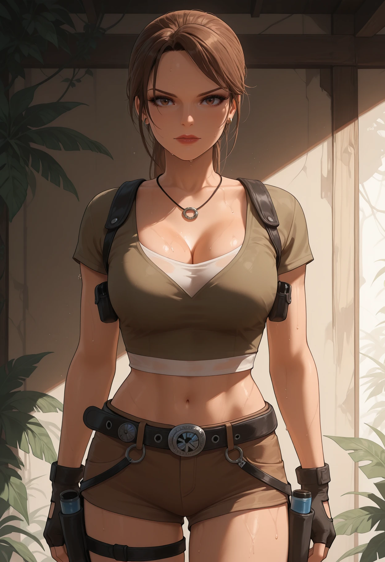 score_9, score_8_up, score_7_up, score_6_up, score_5_up, masterpiece, best quality, high detail, volumetric lighting, dark, shadow, <lora:NM_lara_trl_ill:1>, BREAK NM_lara_trl, 1girl, shorts, breasts, solo, brown hair, fingerless gloves, gloves, holster, brown eyes, navel, sweat, crop top, cleavage, jewelry, midriff, thigh holster, belt, necklace, short shorts, looking at viewer, shirt, black gloves, short sleeves, arms at sides, lips, medium breasts, cowboy shot, jungle background, trees