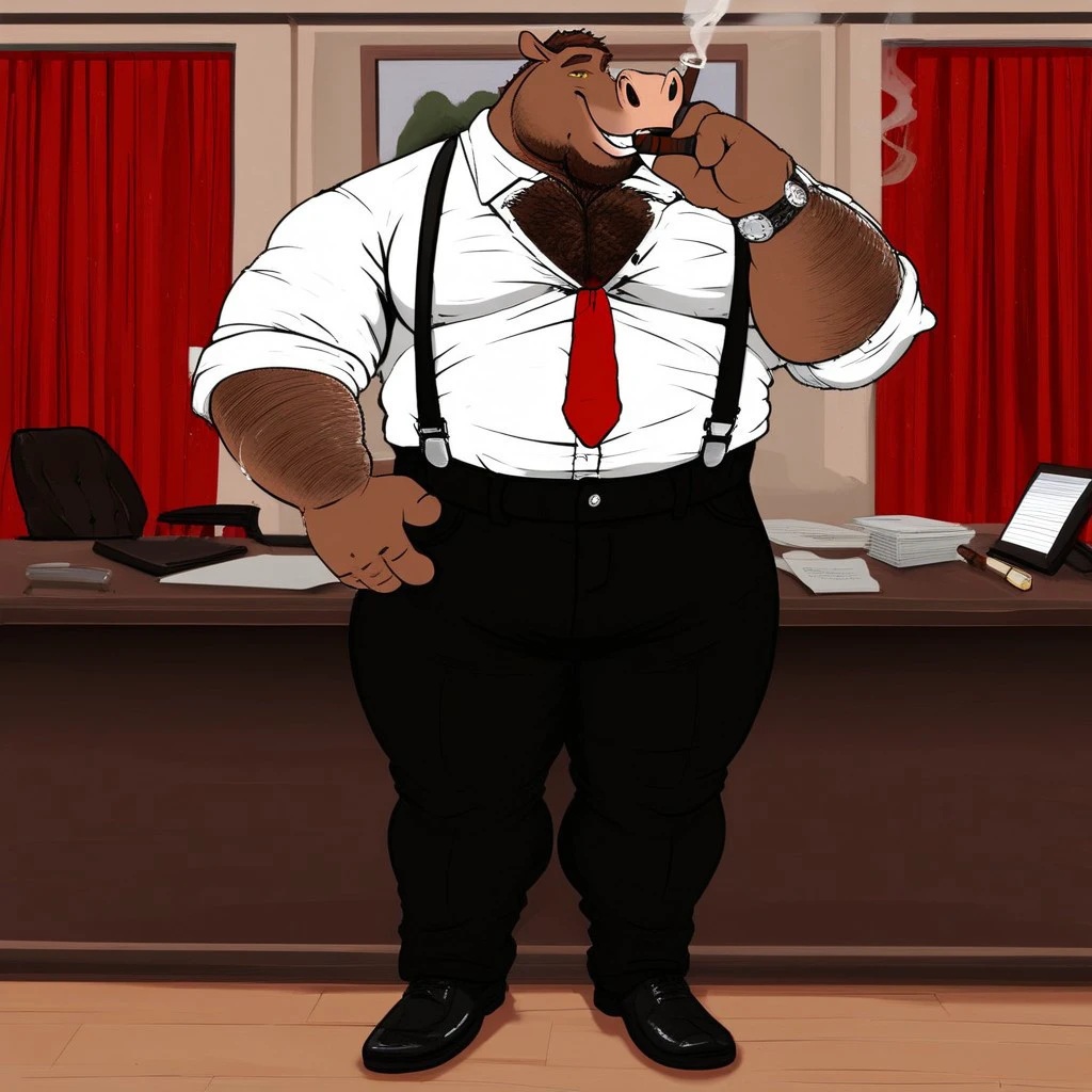 score_9, score_8, score_8_up, source_cartoon, 2d, digital drawing, mature male, hippopotamus, body hair, chest hair, happy trail, black eyes, yellow esclera, plump body, standing, basement, office clothes, fully clothed anthro, fancy office, mahogany office desk, velvet red curtains, white buttoned shirt, rolled up sleeves, black pants, shoes, suspenders, red necktie, bodily fluids, sweaty, musk clouds, toothy grin, lit cigar, smoking, solo, front view, full body view, ultra detailed, highly detailed face, amazing background, masterpiece, intricate masterpiece, cinematic, (correct anatomy:1.2) perfect anatomy, ultra hd, 4k, 8k, superabsurd res.