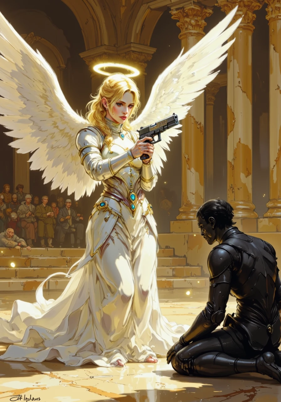 in the style of ck-mgs,, an angel with a halo over her head and large white feather wings a celestial courtroom execution featuring an angel with pale, radiant skin and waist-length golden-blonde hair tied into a loose braid, wearing a regal white-and-silver gown accented with glowing sapphire gemstones; she stands in a vast, glowing chamber with vaulted golden ceilings, aiming a silver revolver engraved with intricate celestial patterns at a kneeling shadowy figure; her luminous wings are fully spread, shedding motes of holy light across the polished marble floor, while her steady halo radiates authority; the room is filled with faintly glowing ethereal spectators, their murmurs blending with the soft hum of divine energy emanating from her weapon<lora:Halo Angels improved_divine protector.safetensors:1.0:1.0> <lora:ck-MetalGearSolid-000019.safetensors:1:1>