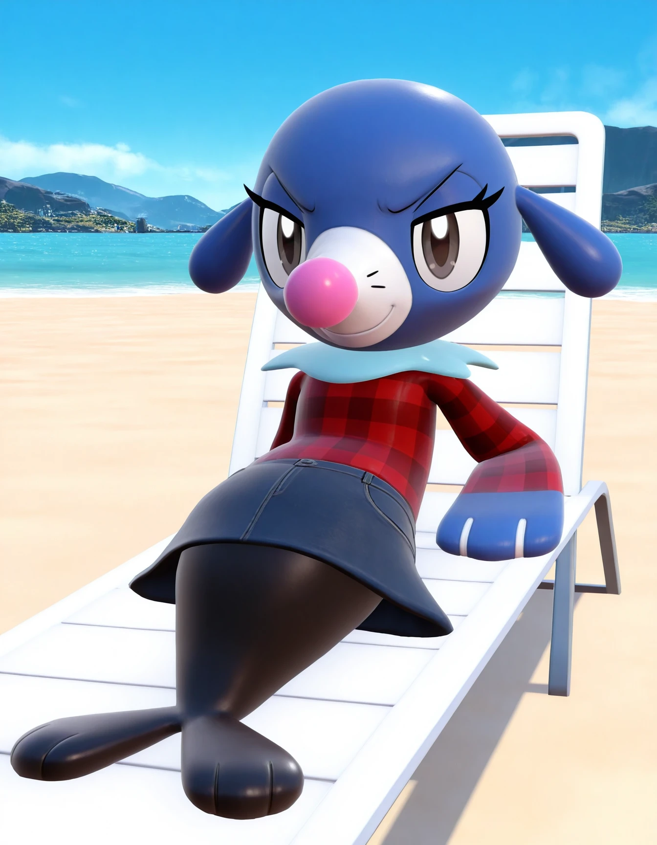 shikabane, furry female anthro, 1girl, purple fur, portrait, standing, shoes,, headphones, solo, (body fur:1.2), (best quality),beach simplified background, (detailed fluffy fur:1.1), looking at viewer, closed mouth, cartoon, thick outline, toony, flat color, ear bow ribbon, tail, bored, (half-closed eyes:1.2), flashing boobs,,vagina,beach,shy,embarrased,looking away,sitting on the sand, (photorealistic)