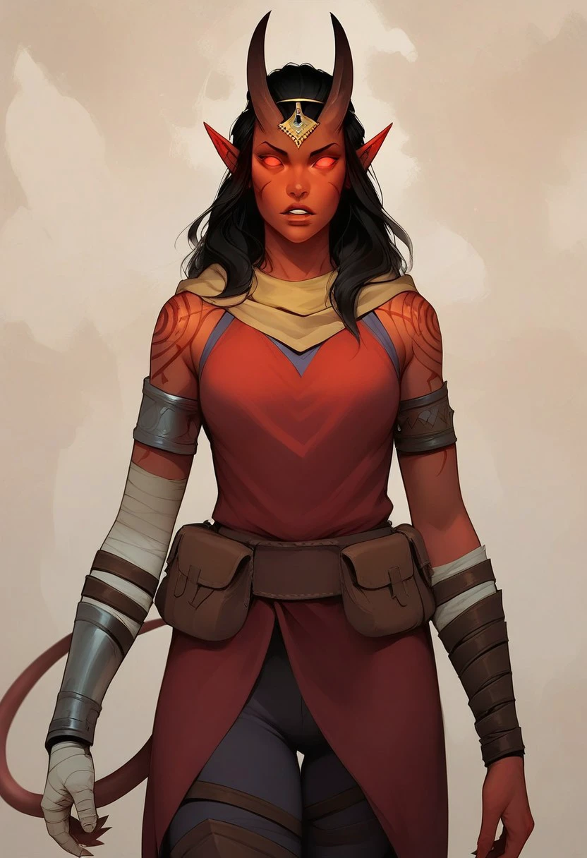 score_9_up, score_8_up, score_7_up, masterpiece, high quality, Kanerah, tiara, forehead jewel, demon girl, colored skin, red skin, long hair, demon horns, pointy ears, no pupils, red eyes, red sclera, demon tail, scarf, red dress, sleeveless, armlet, bandaged arm, belt, pouch, pants, multiple thigh straps, boots, parted lips, cowboy shot, front view