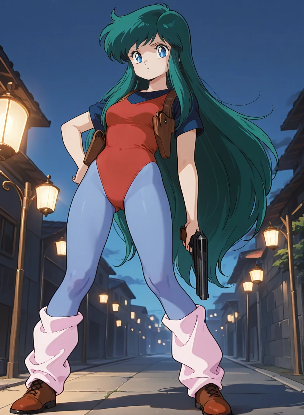 High quality,Ultra detailed,best quality,insanely detailed,beautiful,perfect lighting,masterpiece,absurdres,very aesthetic,sensitive BREAK
looking_at_viewer,standing,posing,<lora:ayanokouji_rem _V1_IL:1>,(ayanokouji rem, dream hunter rem, very long hair, green hair, blue eyes, bangs, retro artstyle, 1980s (style)),(leotard,red leotard,blue pantyhose,leg warmers,boots,short sleeves,shirt,holster,shoulder holster,hand gun),
1girl,solo,outdoors,full body,night,