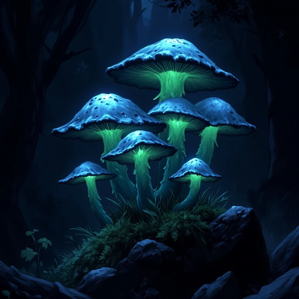 wc1dnd_style, digital painting, A cluster of glowing bioluminescent mushrooms with translucent caps in shades of blue and green, growing on a moss-covered log in a dark, enchanted forest, their ethereal light softly illuminating the surrounding mist and nearby foliage.
<lora:Flux.Digital_Painting_DnD:1>