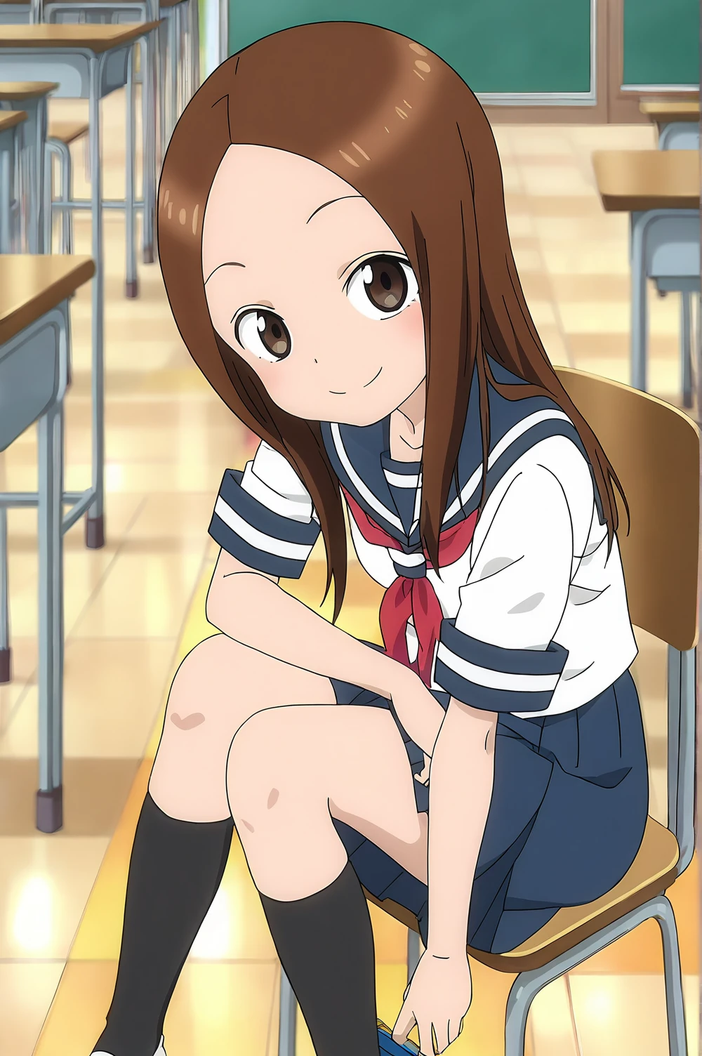 score_9,score_8_up,source_anime,rating safe,solo,1girl,takagi-san,karakai jouzu no takagi-san,school uniform,brown hair, brown eyes, skirt, blue skirt, serafuku, red neckrchief, short sleeves, black sailor collar,small breasts,long hair,anime_screencap,black socks,smile,standing,looking at viewer,sitting,classroom