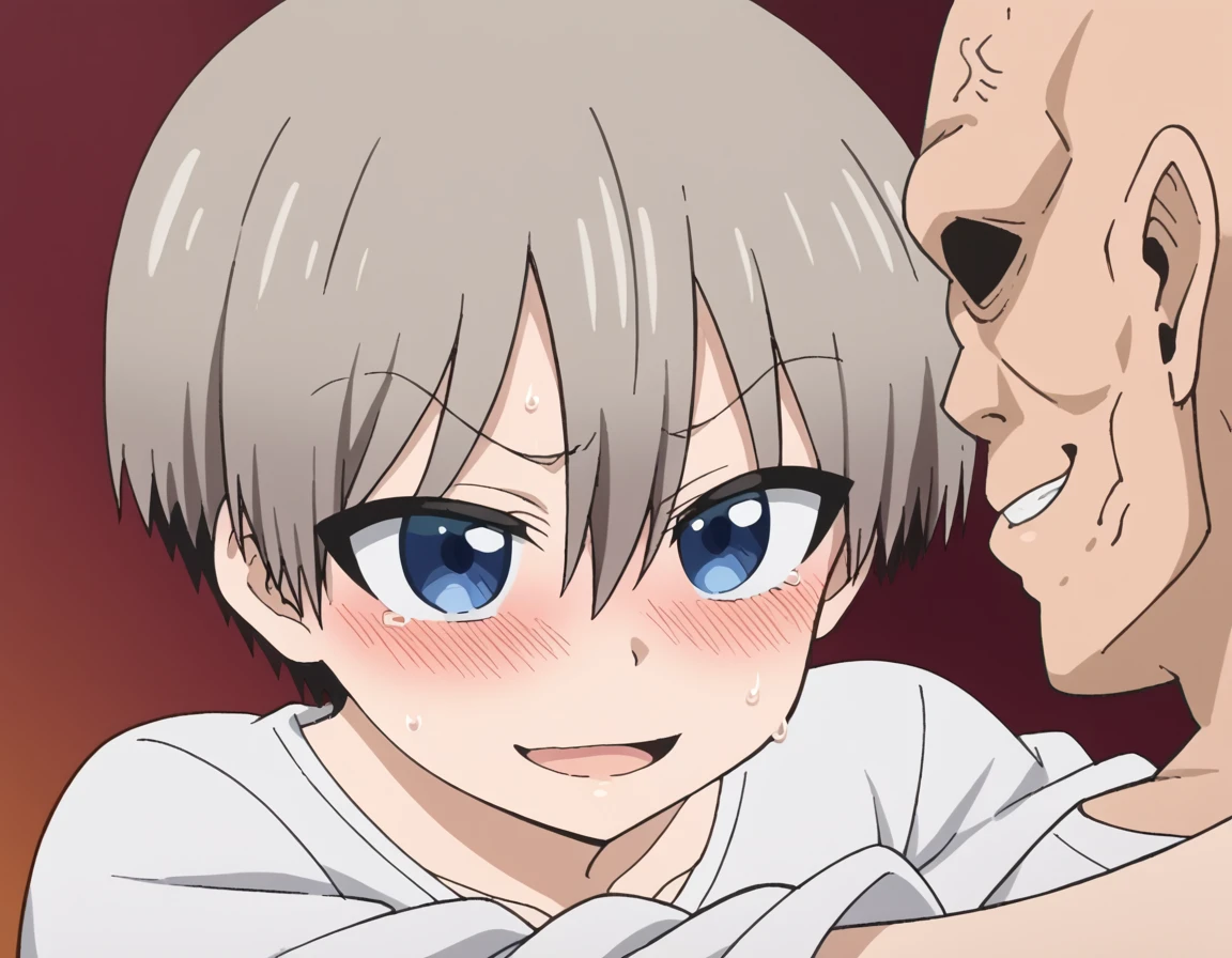score_9, score_8_up, score_7_up, source_anime, <lora:hana-uzaki-s1-ponyxl-lora-nochekaiser:0.8>, hana uzaki, short hair, blue eyes, large breasts, anime screencap, <lora:hey-i-could-have-died-ponyxl-lora-nochekaiser:1>, hey i could have died, blush, looking at another, smile, sweat, anger vein, eye contact, open mouth,, <lora:faceless-ugly-man-ponyxl-lora-nochekaiser:1>, faceless ugly man, faceless, ugly man, fat, faceless male, fat, bald, mature male,,
