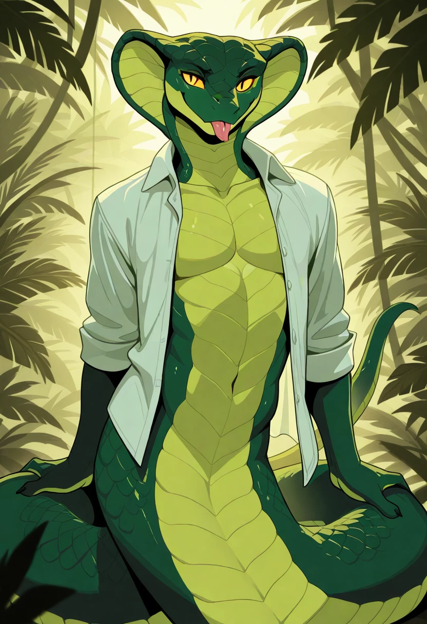 best quality, hi res, high quality, anthro, male, furry, 1boy, solo, anthropomorphic_snakes_(naga), solo, open shirt, seductive, green body, yellow sclera, slit pupil, smile, scales, no humans, tail, colored sclera, tongue, outside, jungle, portrait, <lora:Anthropomorphic_snakes_Naga_illustrious:1>
