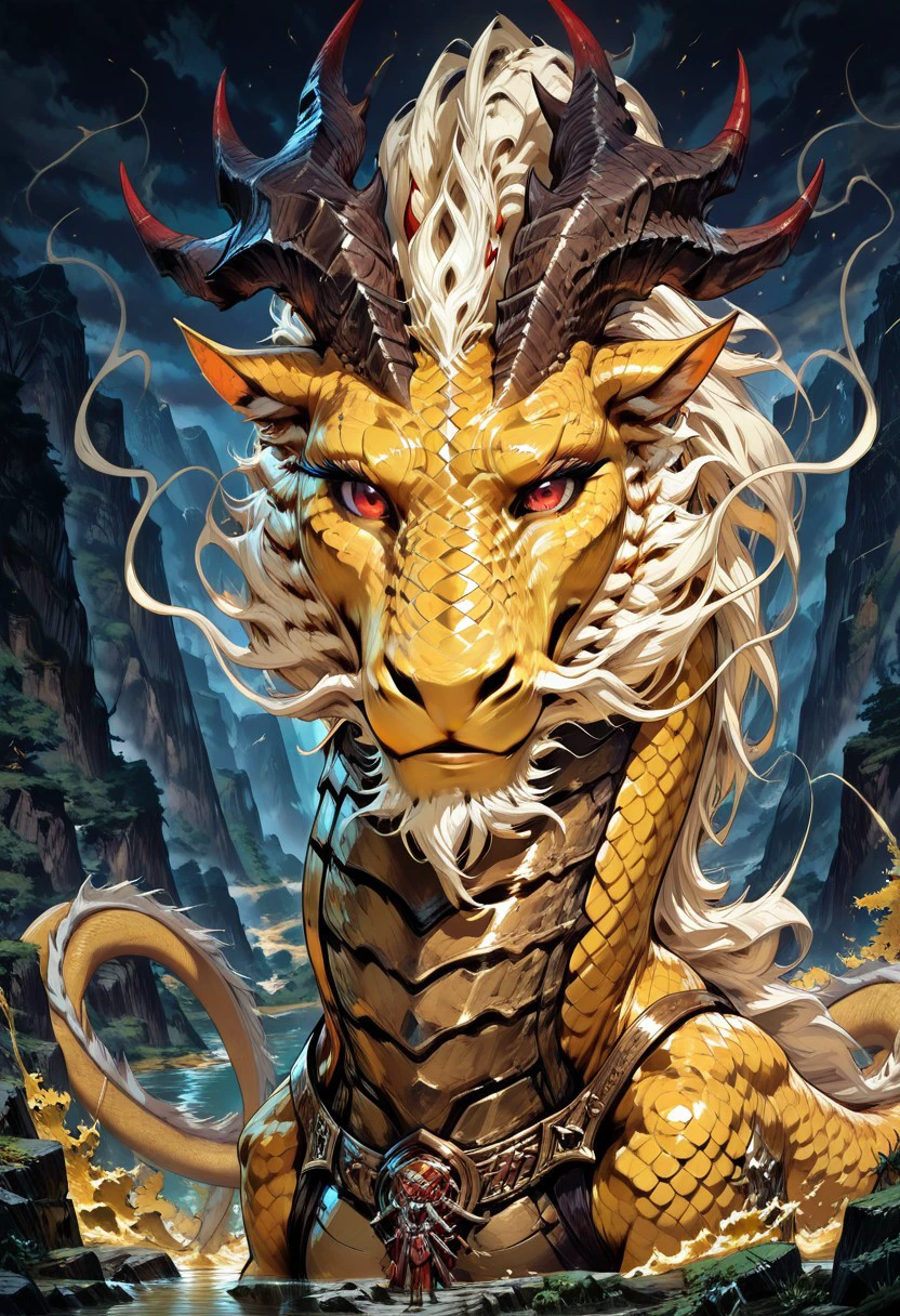 masterpiece, best quality, newest, absurdres, highres, PaintedComic-V5.0, Lung-Easter-Dragon-IL-V1.0, Dragon, Eastern Dragon, yellow scales, red eyes, horns, dragon horns, multiple horns,