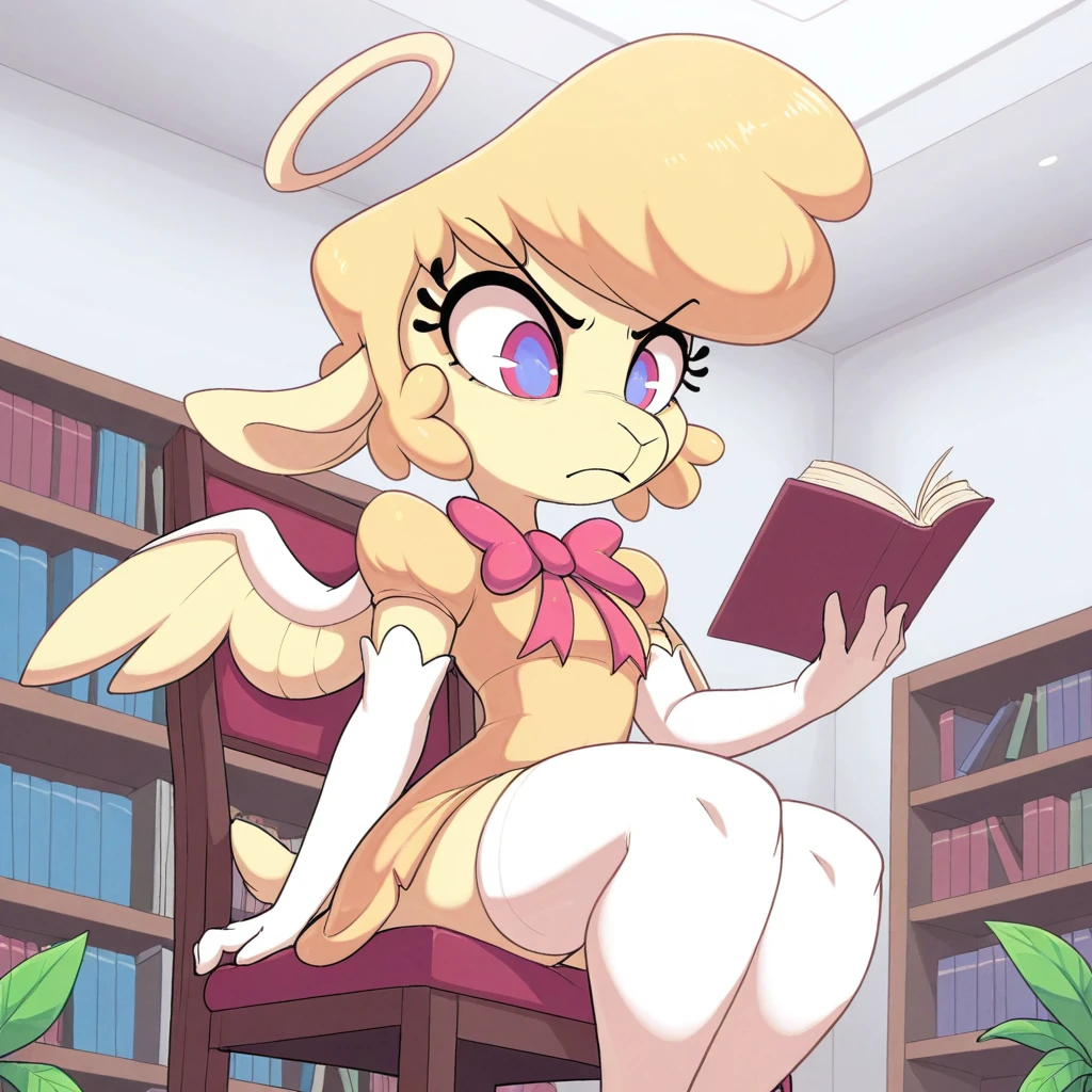 masterpiece, best quality, amazing quality, perfect composition, absurdres, highres, very aesthetic, newest, huge filesize, shaded, indoors, bedroom, bookshelf, plant,
cowboy shot, from from below, dutch angle, sitting on chair, determined, holding book, reading,
<lora:KeenieIL:1>, K33nie, OGStyle, furry female, anthro sheep, multicolored eyes, snout, blonde hair, short hair, big hair, halo, wings, petite, neck ribbon, red bowtie, puffy sleeves, yellow dress, white elbow gloves, white thighhighs,