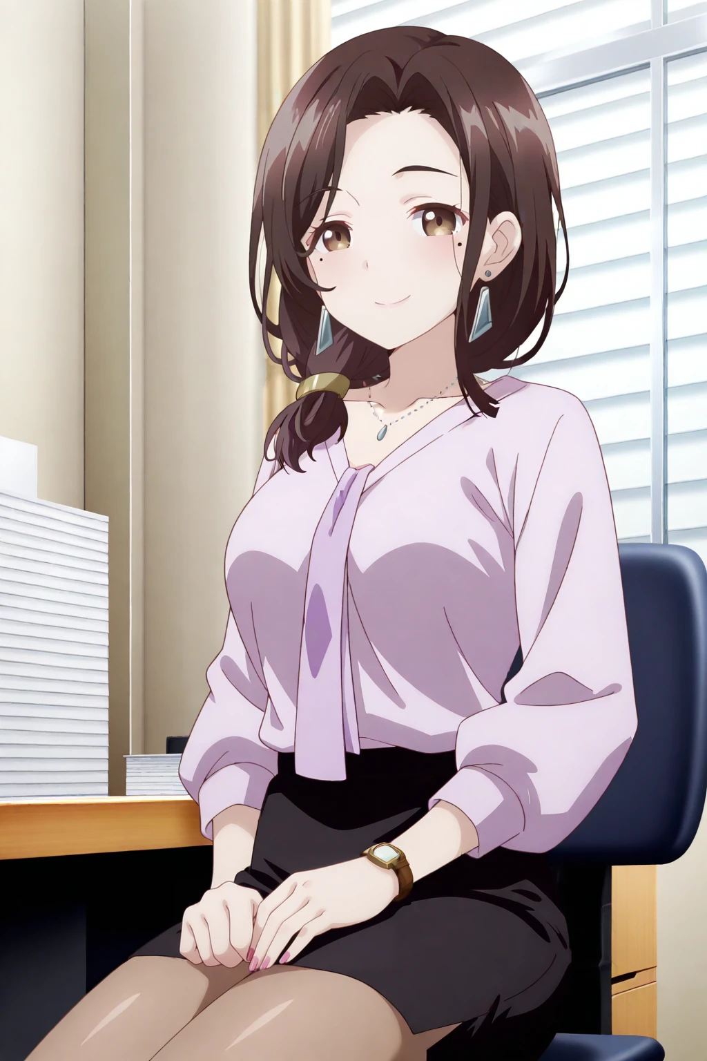 anime screenshot, anime coloring, hige wo soru. soshite joshikousei wo hirou., 1girl, solo, gotou airi, brown hair, long hair, parted bangs, single braid, hair over shoulder, brown eyes, mole, mole under eye, large breasts, office lady, purple shirt, collarbone, v-neck, ascot, purple ascot, long sleeves, puffy sleeves, puffy long sleeves, black skirt, pencil skirt, light brown pantyhose, earrings, triangle earrings, necklace, wristwatch, pink nails, looking at viewer, smile, sitting, cowboy shot, indoors, office, office chair, desk, masterpiece, best quality, high quality, highres, absurdres, <lora:gotou_airi_ILXL:0.9>