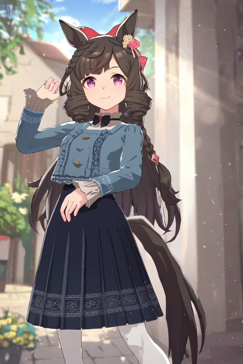 score_9, score_8_up, score_7_up, masterpiece,best quality, newest,
daiichi ruby \(umamusume\), 1girl, horse ears, cowboy shot, looking at viewer, white pantyhose, blue grey shoes, casual, closed mouth, long sleeves, flower, grey blouse, black long skirt, red hair ribbon, black slim bowtie, blue cropped jacket, ear ornament
open mouth, big smile,
blue sky,sun,light rays,lens flare,light particles,dynamic pose,
<lora:pony_daiichi_ruby_v1.01:0.75>