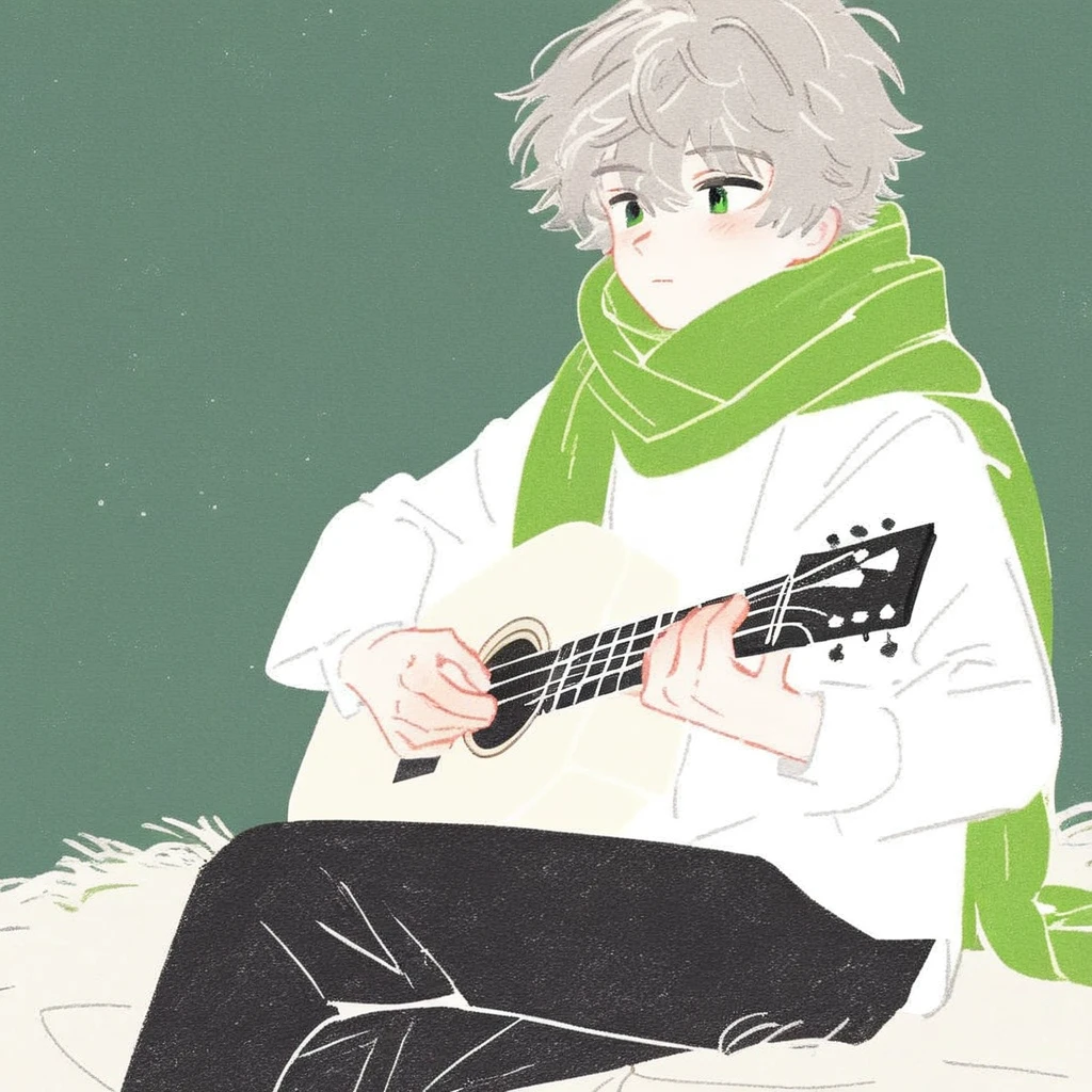 hu99y, 1boy, solo, bangs, grey hair, cowboy shot, playing guitar, white shirt, green scarf, black pant, white backgound, green eyes,