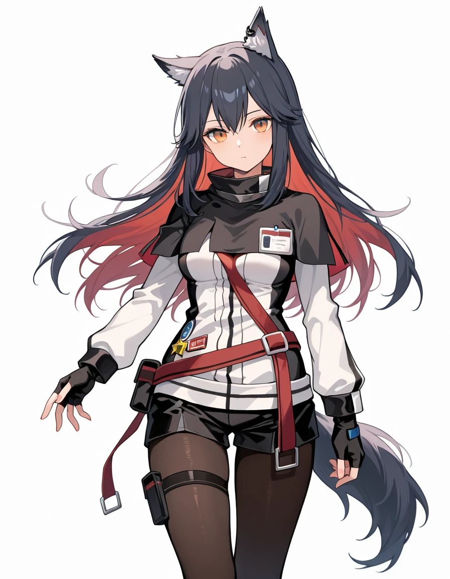 (masterpiece), (best quality), (ultra-detailed), illustration, disheveled hair, detailed eyes, perfect composition, moist skin, intricate details, very good lighting BREAK, Texas, long hair, black hair, wolf ear,s wolf tail, orange eyes BREAK, basetexas, base gloves,fingerless gloves, base capelet, base pantyhose, base shorts, base thigh strap, base jacket, base boots, base pouch, base id card,red belt, red hair, colored inner hair BREAK, ((white background)), looking at viewer