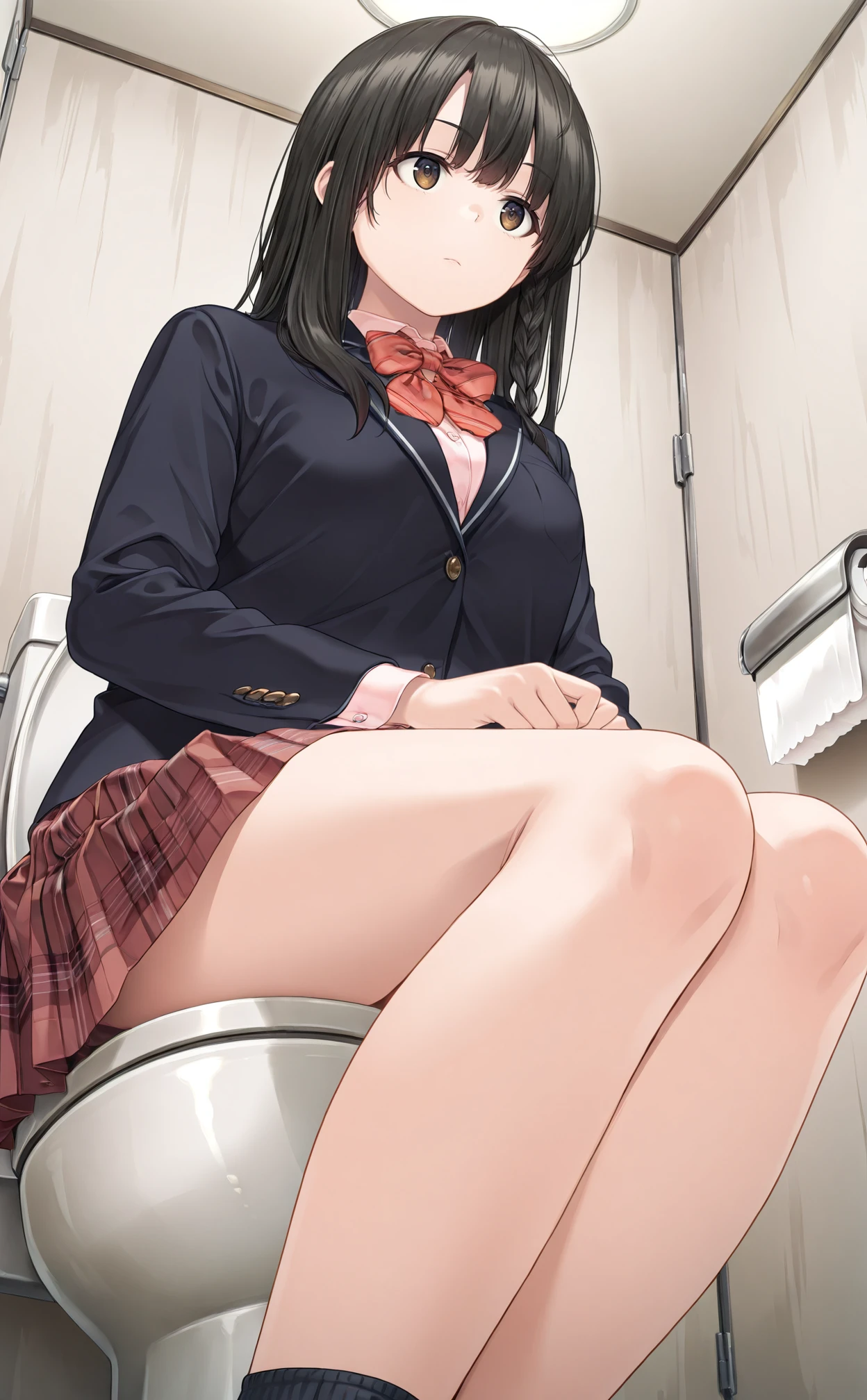 girl、Urinating,High school girl naked from the waist down、High school girl uniform on the upper body, Squat、sit、For viewers、、Urinating、Pee、(blush:0.8)、Exposed female genitalia、alley