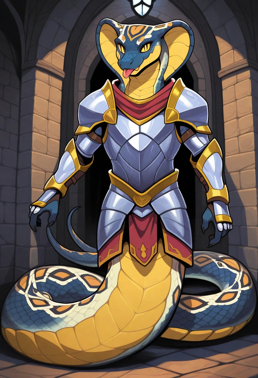 best quality, hi res, high quality, anthro, male, furry, 1boy, solo, anthropomorphic_snakes_(naga), solo, armor, blue spotted body, yellow sclera, slit pupil, smile, scales, no humans, tail, colored sclera, tongue, outside, inside castle, <lora:Anthropomorphic_snakes_Naga_illustrious:1>