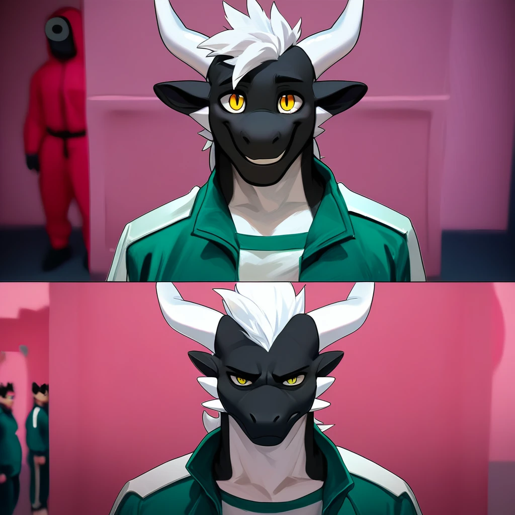 score_9, score_8, mikus-concept, smiling expression, BREAK, serious expression, BREAK, comparison, pink background, partially shaded face, green jacket, upper body, blurry background, comic, looking at viewer, meme, furry, furry male, 1boy, dragon, white hair, white horns, black fur, yellow eyes