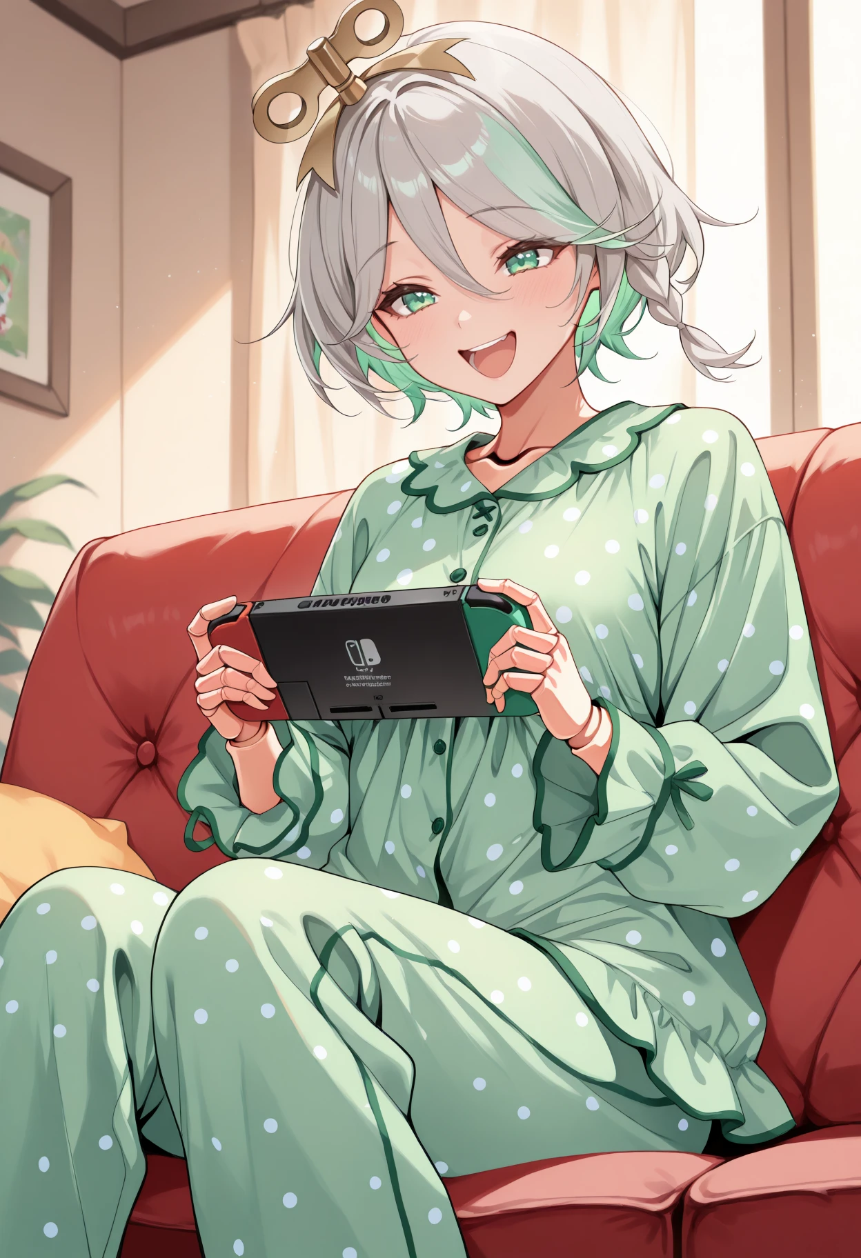 masterpiece, best quality, 1girl, solo, Cec1l1a, green eyes, winding key hair ornament, doll joints, grey hair, colored inner hair, streaked hair, short hair, side braid, green pajamas, polka dot pajamas, green pants, indoors, sitting, on couch, laughing, open mouth, holding handheld game console, happy, smile, <lora:ChamCeciliaImmergreenV2IllustriousXL:1>
