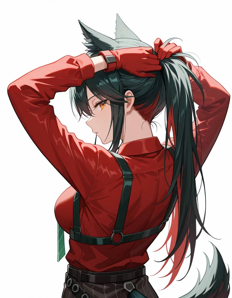 Volumetric Lighting, (masterpiece), (best quality), (ultra-detailed), illustration, disheveled hair, detailed eyes, perfect composition, moist skin, intricate details, very good lighting BREAK, light depth, dramatic atmospheric lighting, Volumetric Lighting, Texas,very long hair, black hair, wolf ear,s wolf tail, orange eyes BREAK, willpower, WP gloves, WP shirt,red shirt, long sleeves shirt, WP necktie,WP belt, red hair, colored inner hair BREAK, ((white background)), looking at viewer, standing,(( from behind)), upper body, tying hair, hands up