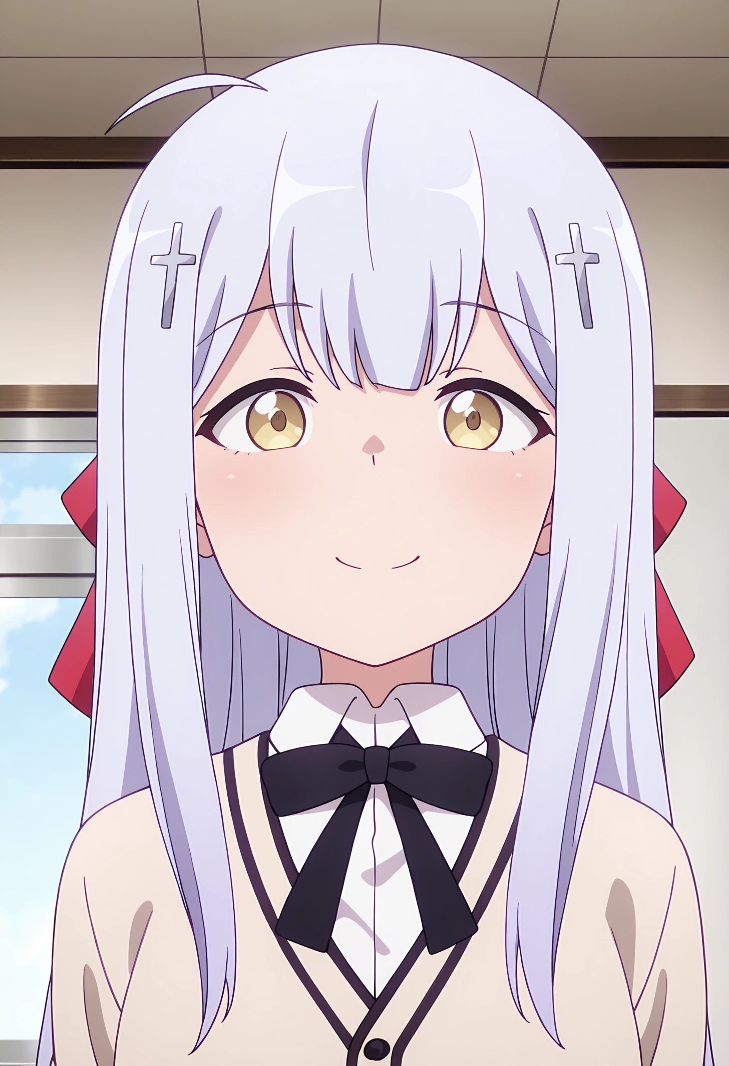 ((masterpiece)),(best quality),official art,extremely detailed CG,unity 8k wallpaper,ultra detailed,beautiful detailed eyes,extremely detailed face,indoors,1girl,solo,upper body,(portrait:1.5),looking at viewer,facing viewer,smile,ahoge,long_hair,light_purple_hair,cross_hair_ornament,hair_bow,sidelocks,hair_between_eyes,beige_cardigan,neck_ribbon,black_ribbon,collared_shirt,white_shirt,long_sleeves,medium_breasts,plaid_skirt,pleated_skirt,red_skirt,black_socks,loafers,<lora:Raphiel Shiraha Ainsworth(gdp)>,