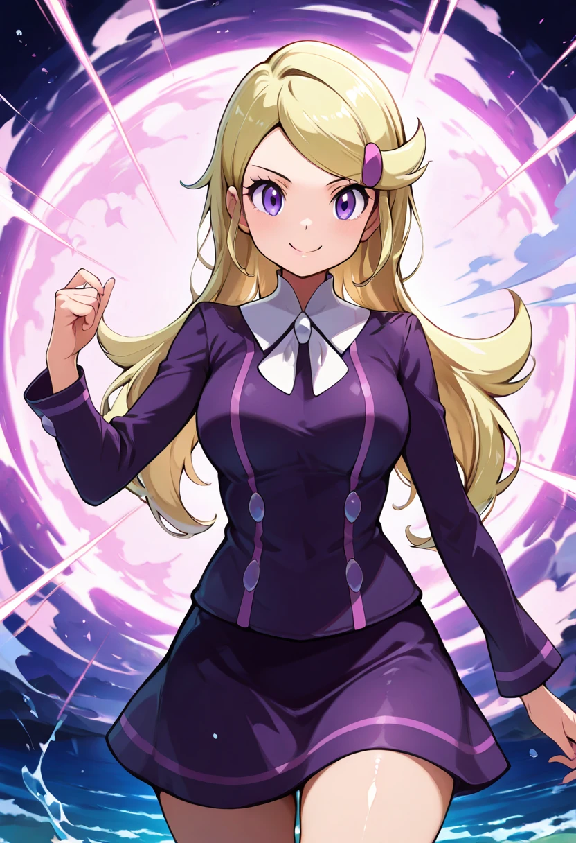 masterpiece, best quality, solo, curvy, beautiful eyes, zzAceXY, purple eyes, blonde hair, long hair, swept bangs, hair ornament, hairclip, long sleeves, purple skirt, purple shirt, , <lora:AceTrainerPokemonXY_IXL:1.0>,dynamic pose, cowboy shot, smile, looking at viewer, shiny skin,